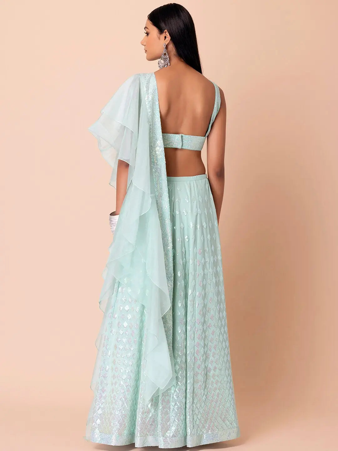 Sky Blue Party Wear Lehenga With Sequins Work with Ruffle Dupatta - qivii