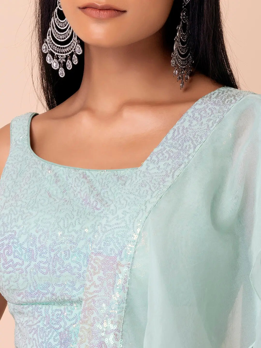 Sky Blue Party Wear Lehenga With Sequins Work with Ruffle Dupatta - qivii