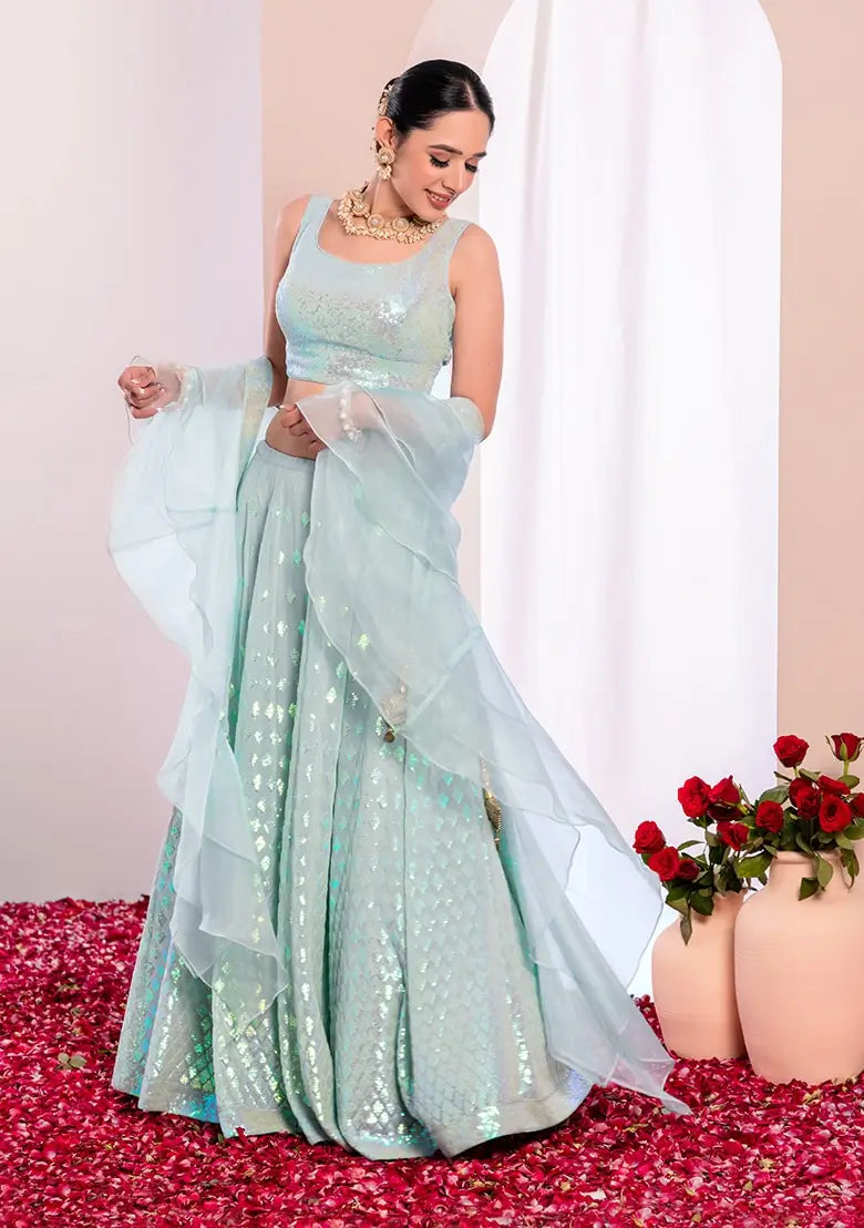 Sky Blue Party Wear Lehenga With Sequins Work with Ruffle Dupatta - qivii