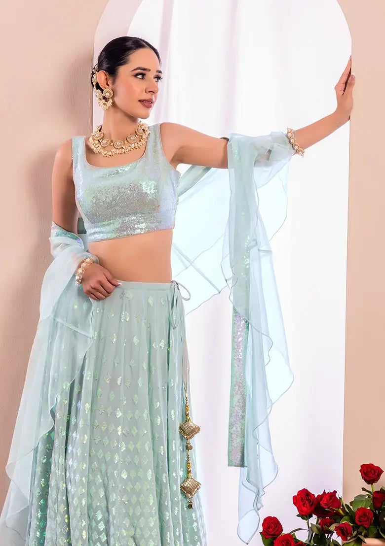 Sky Blue Party Wear Lehenga With Sequins Work with Ruffle Dupatta - qivii