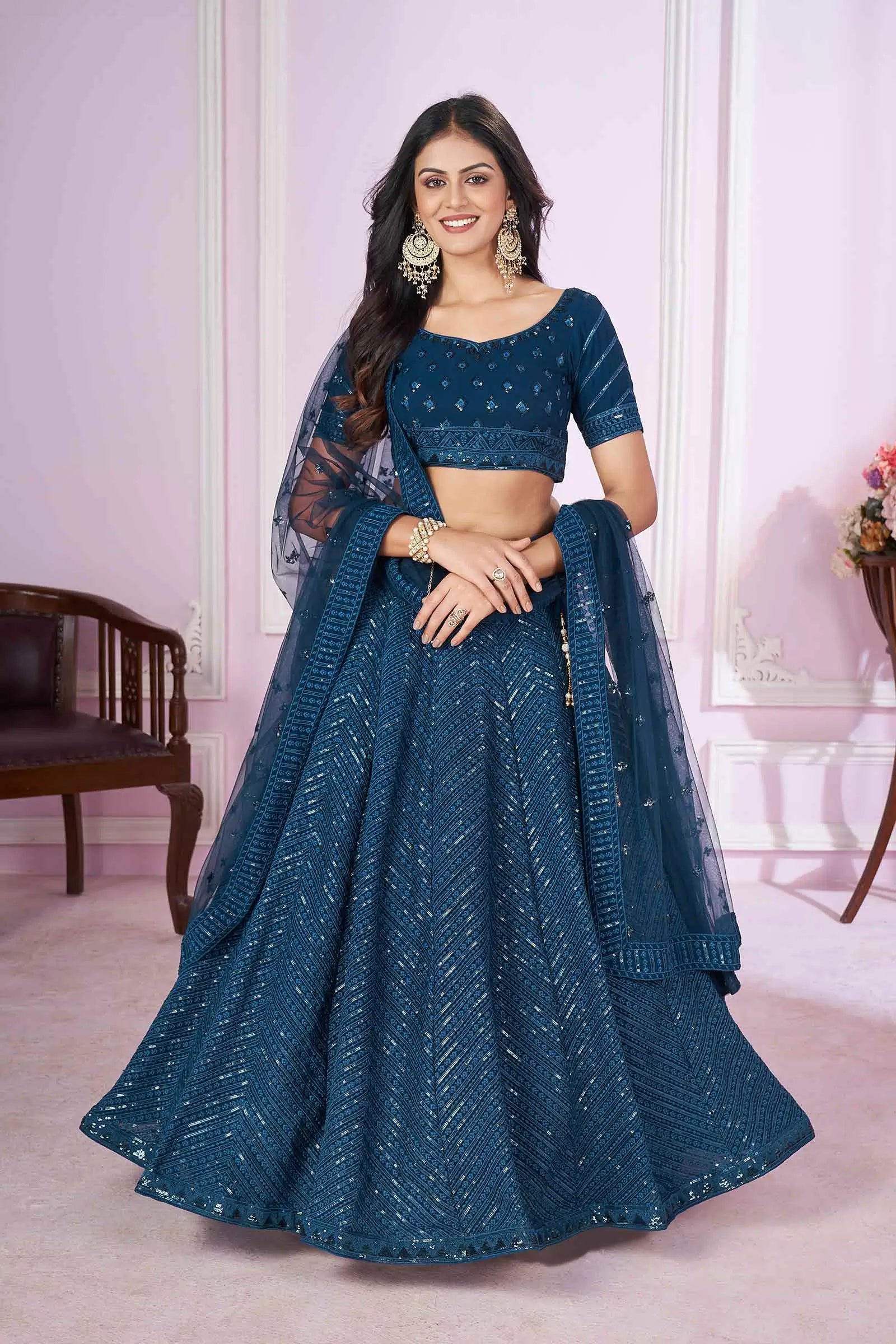 Blue georgette Lehenga With Sequins And Thread Embroidered Work | Ready To Wear - qivii