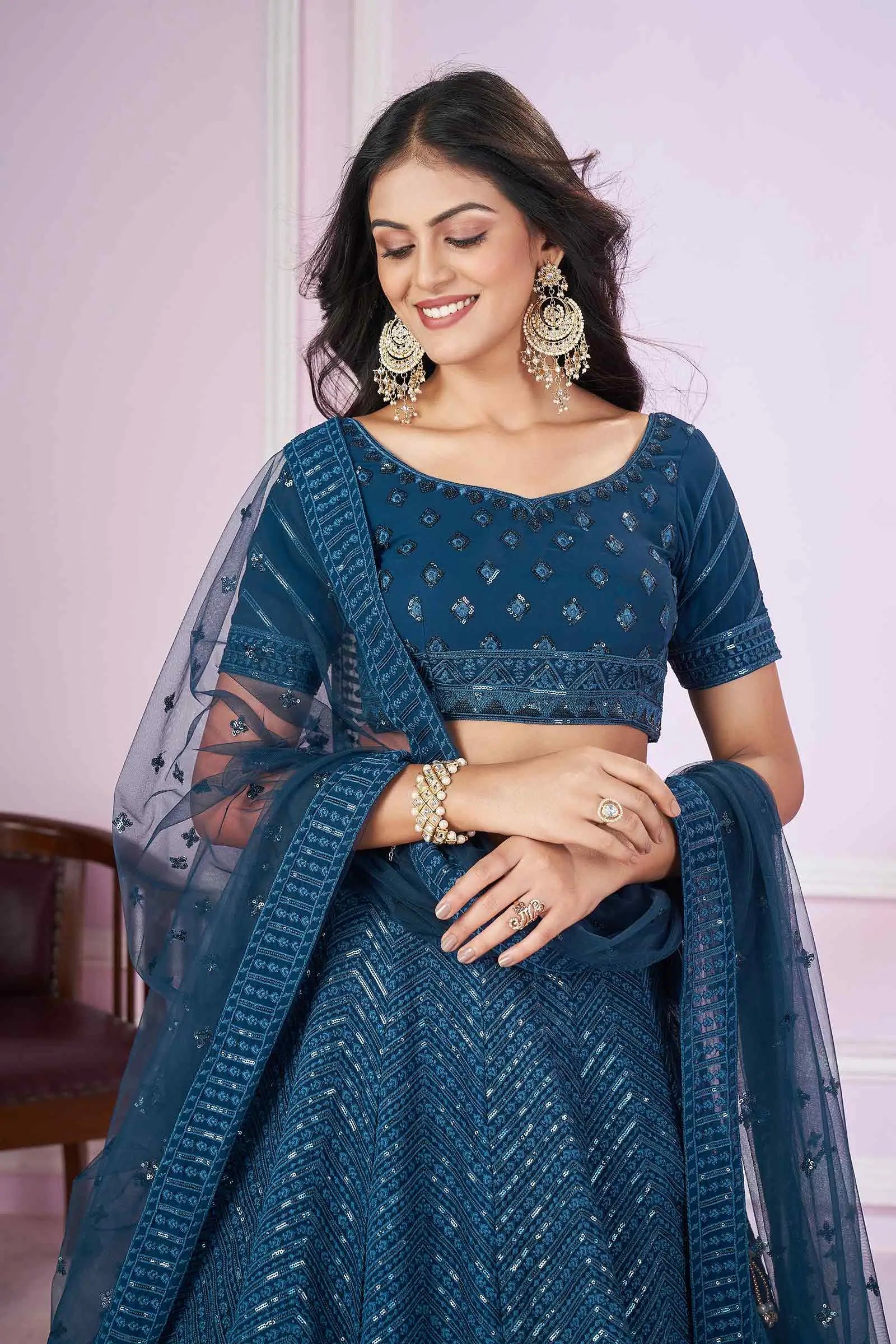 Blue georgette Lehenga With Sequins And Thread Embroidered Work | Ready To Wear - qivii