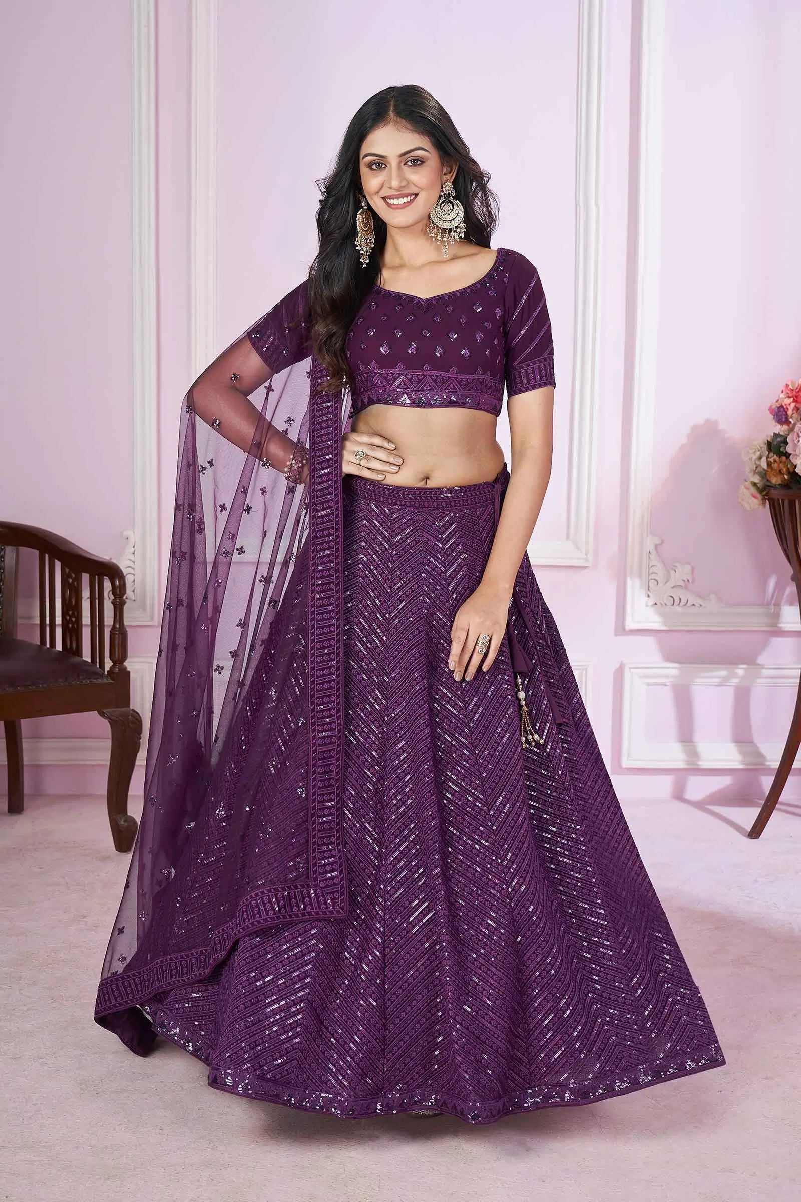 Purple Georgette Lehenga With Sequins And Thread Embroidered Work | Ready To Wear - qivii