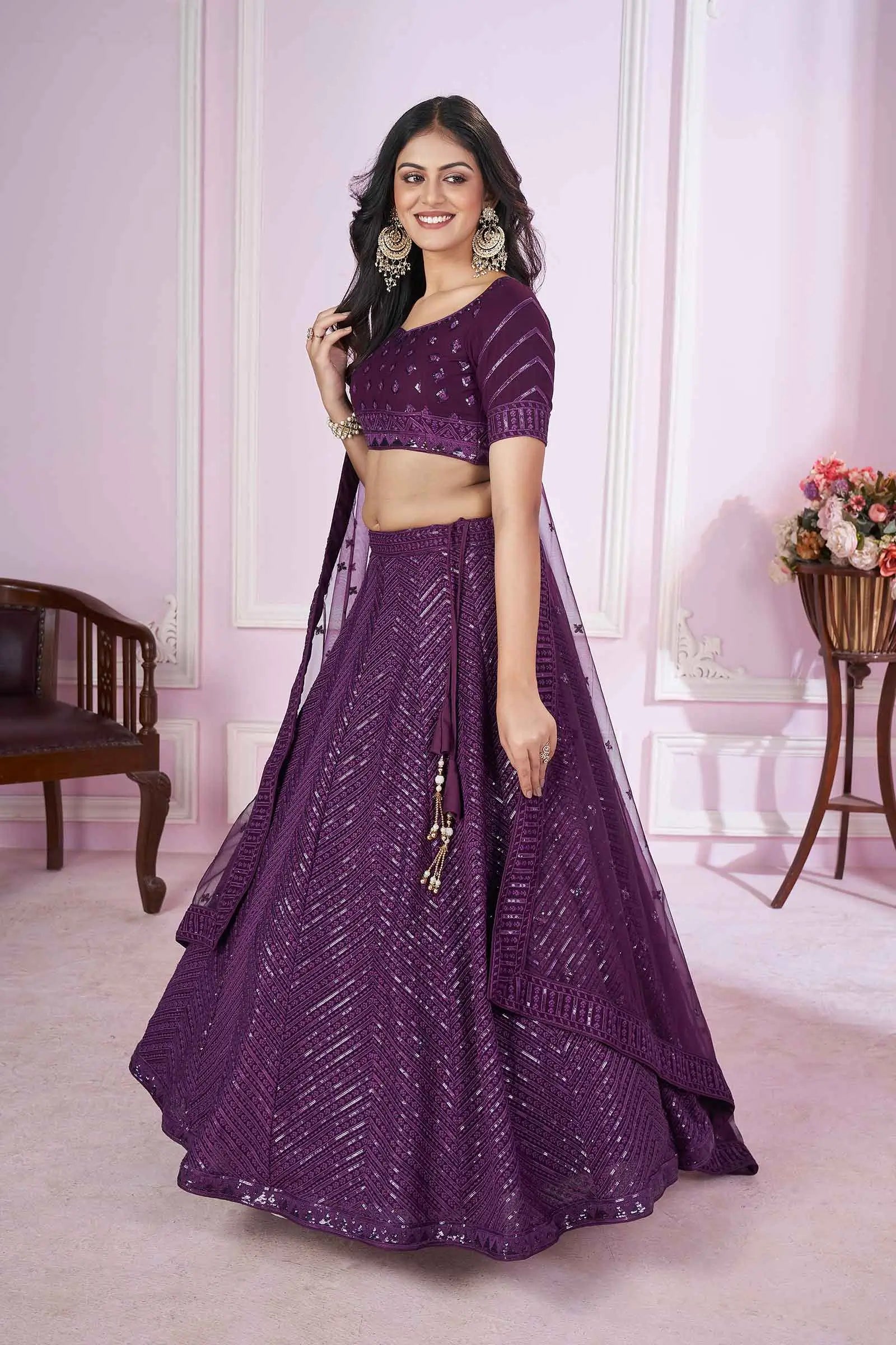 Purple Georgette Lehenga With Sequins And Thread Embroidered Work | Ready To Wear - qivii