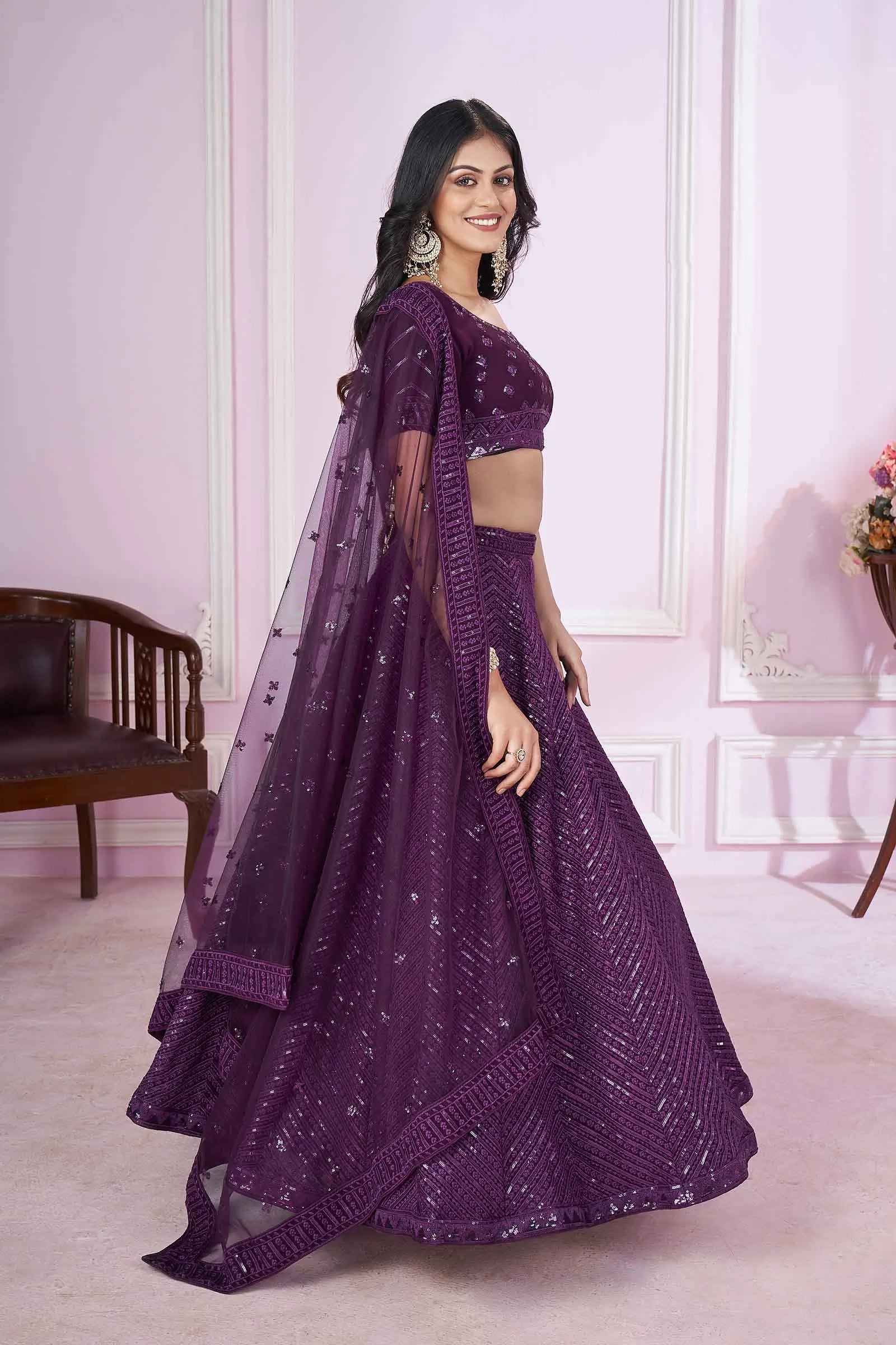 Purple Georgette Lehenga With Sequins And Thread Embroidered Work | Ready To Wear - qivii