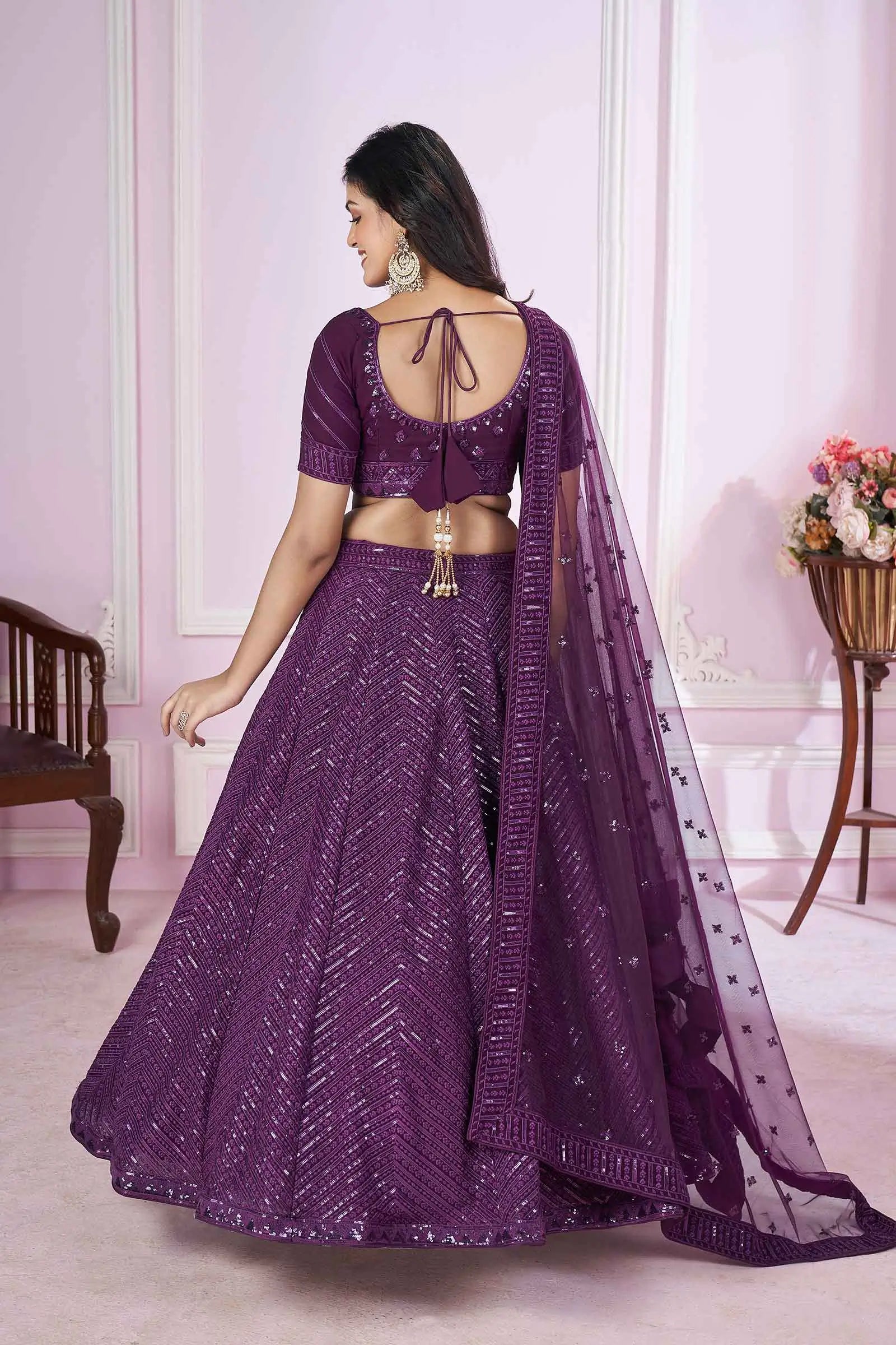 Purple Georgette Lehenga With Sequins And Thread Embroidered Work | Ready To Wear - qivii