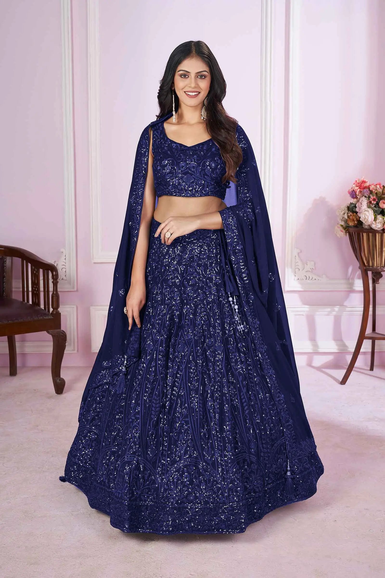 Navy Blue Georgette Lehenga With Sequins And Thread Embroidered Work | Ready To Wear - qivii