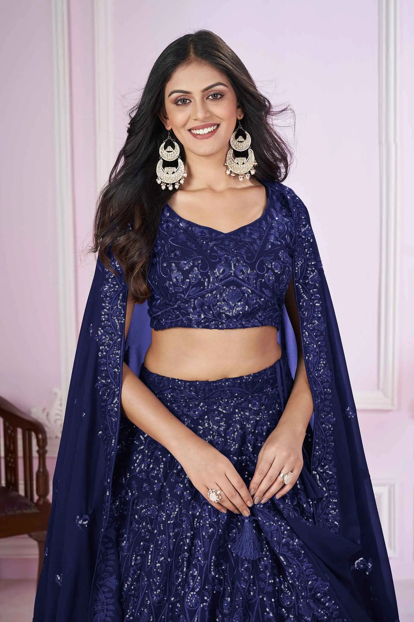 Navy Blue Georgette Lehenga With Sequins And Thread Embroidered Work | Ready To Wear - qivii