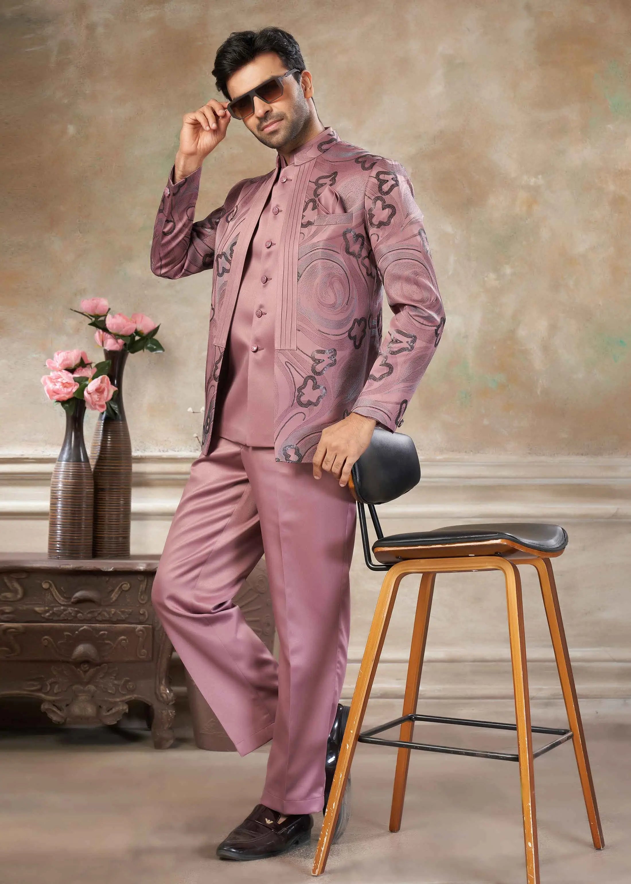 Rosy Brown Designer 3 Piece Jodhpuri