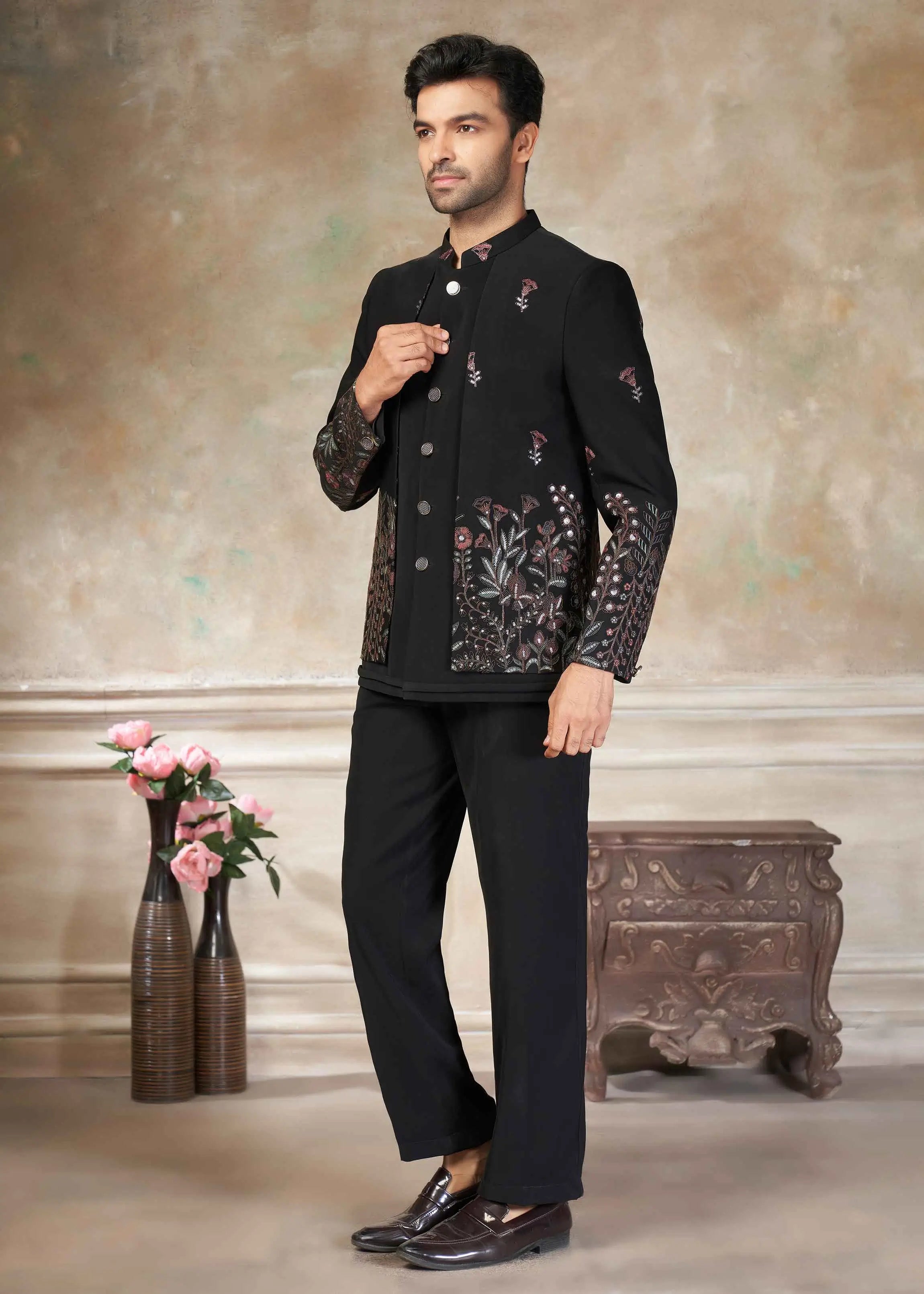 Black Designer Men's Embroidery Jodhpuri