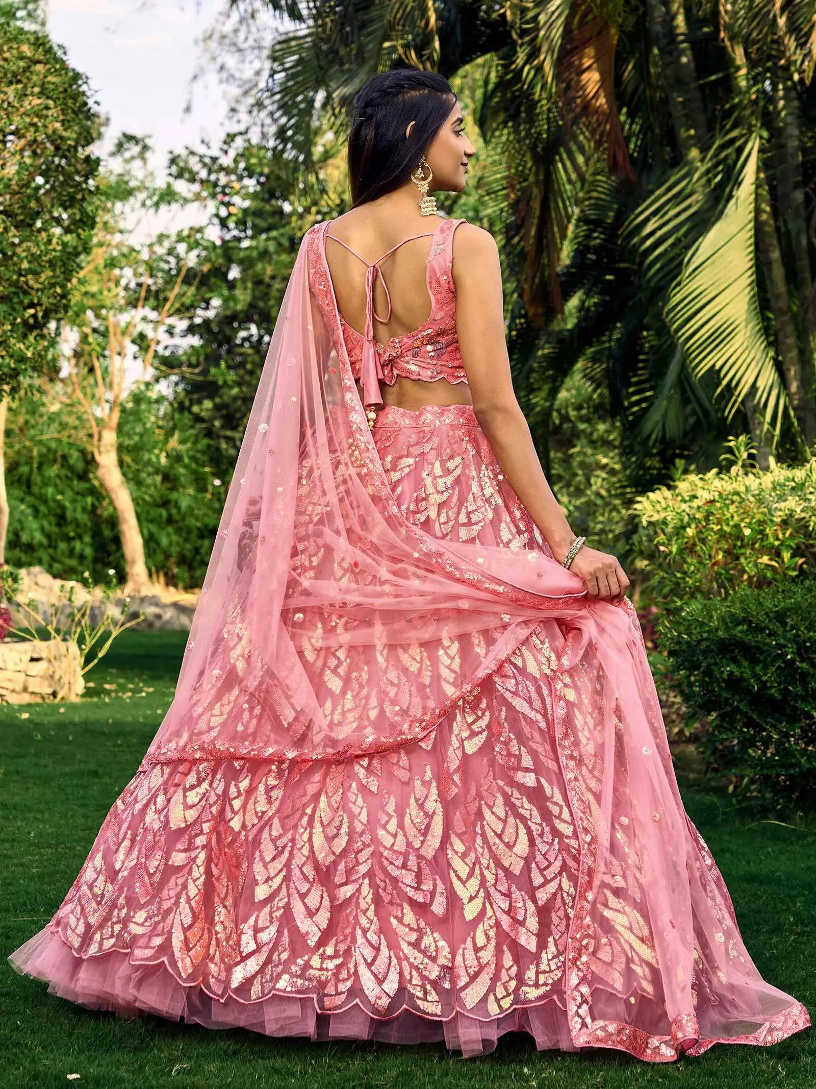 Pink Soft Net Lehenga With Multiple Sequins And Thread Embroidery Work | Ready To Wear - qivii