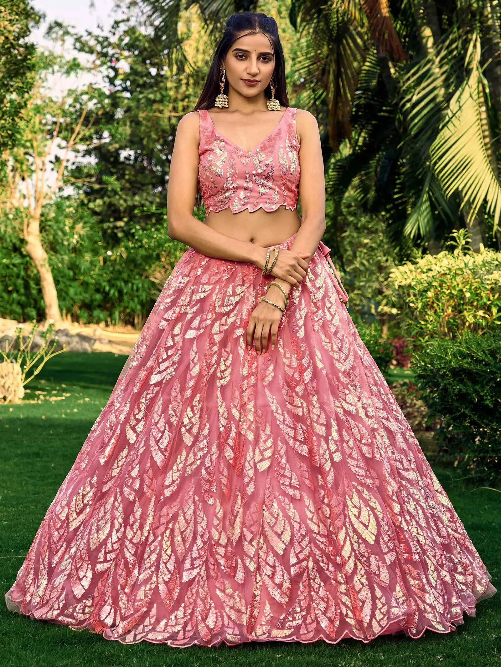 Pink Soft Net Lehenga With Multiple Sequins And Thread Embroidery Work | Ready To Wear - qivii