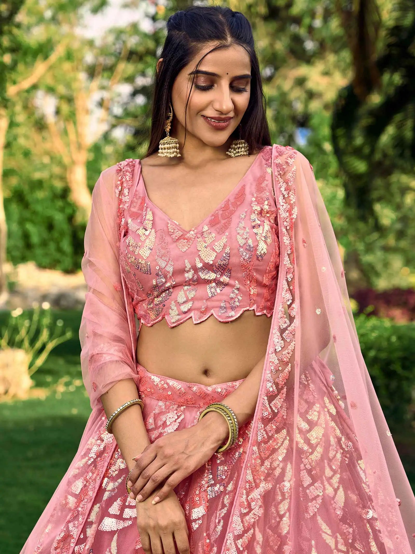 Pink Soft Net Lehenga With Multiple Sequins And Thread Embroidery Work | Ready To Wear - qivii