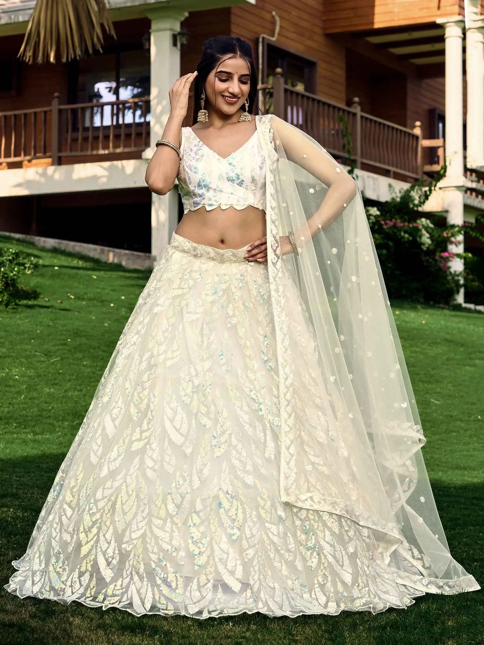 White Soft Net Lehenga With Multiple Sequins And Thread Embroidery Work | Ready To Wear - qivii