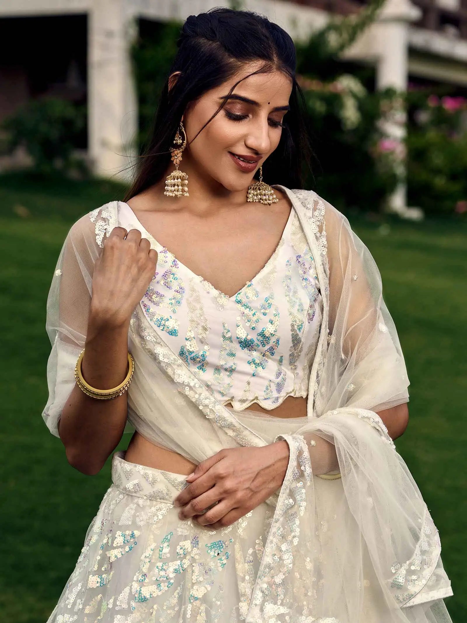 White Soft Net Lehenga With Multiple Sequins And Thread Embroidery Work | Ready To Wear - qivii