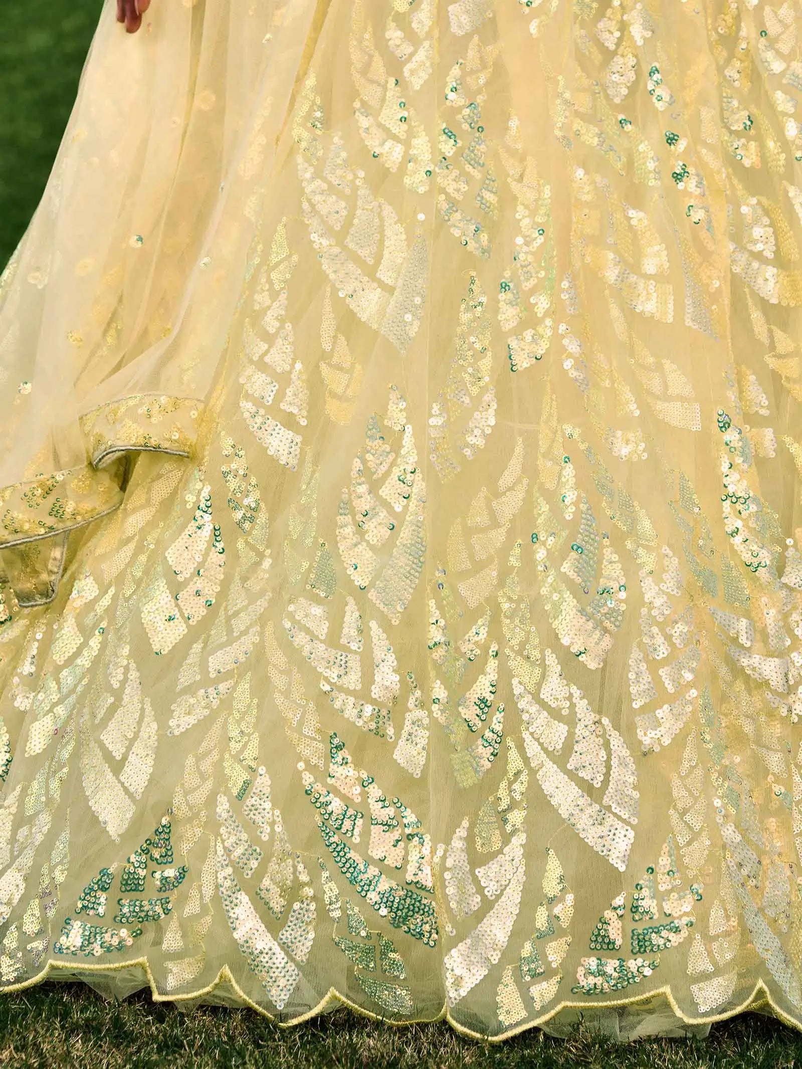 Yellow Soft Net Lehenga With Multiple Sequins And Thread Embroidery Work | Ready To Wear - qivii