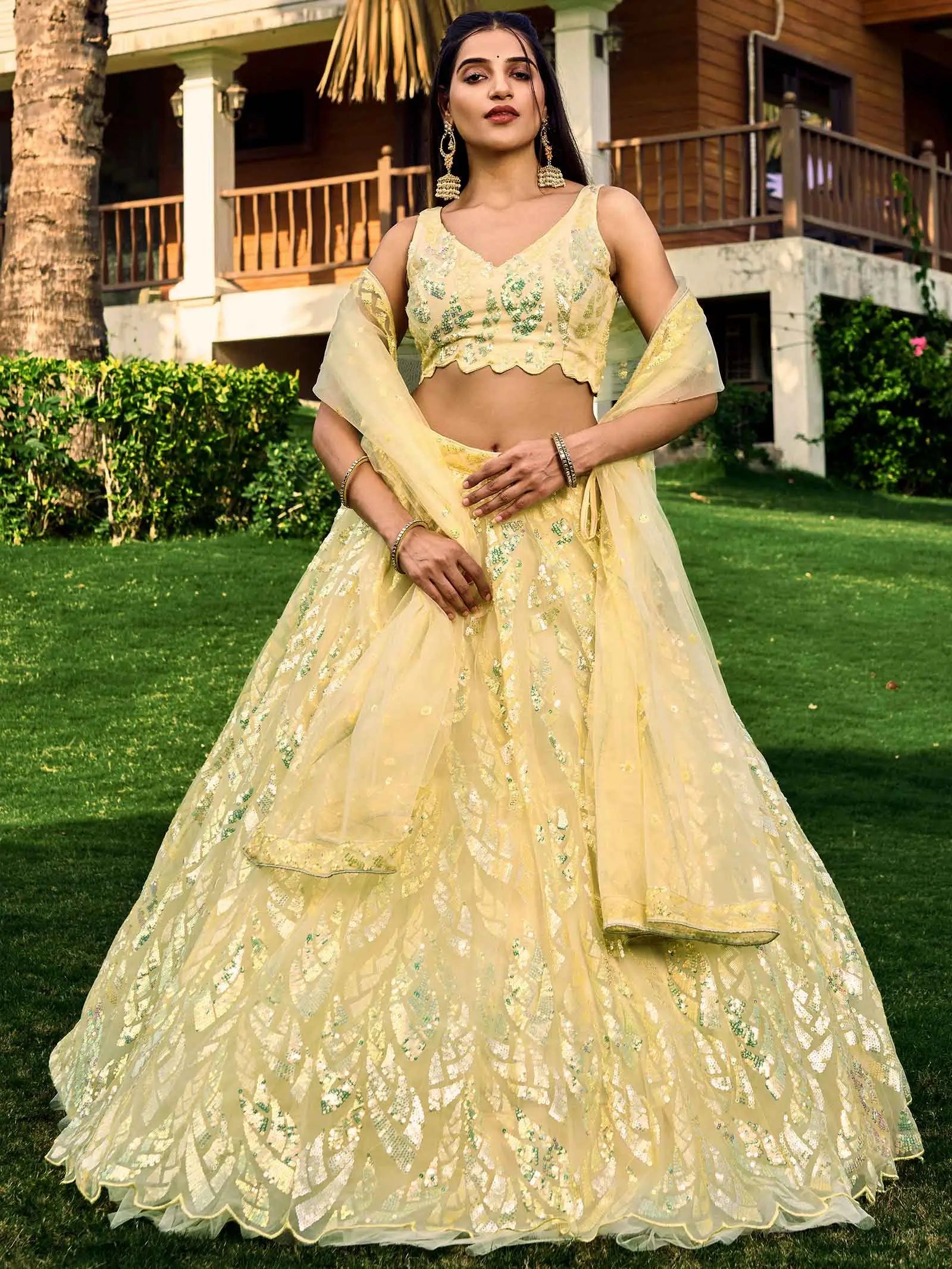 Yellow Soft Net Lehenga With Multiple Sequins And Thread Embroidery Work | Ready To Wear - qivii