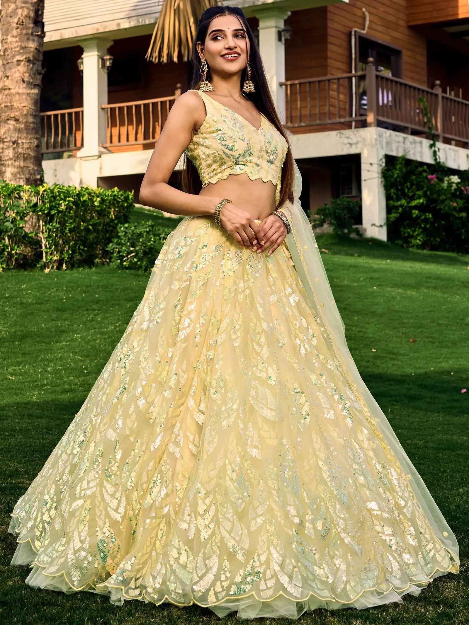 Yellow Soft Net Lehenga With Multiple Sequins And Thread Embroidery Work | Ready To Wear - qivii