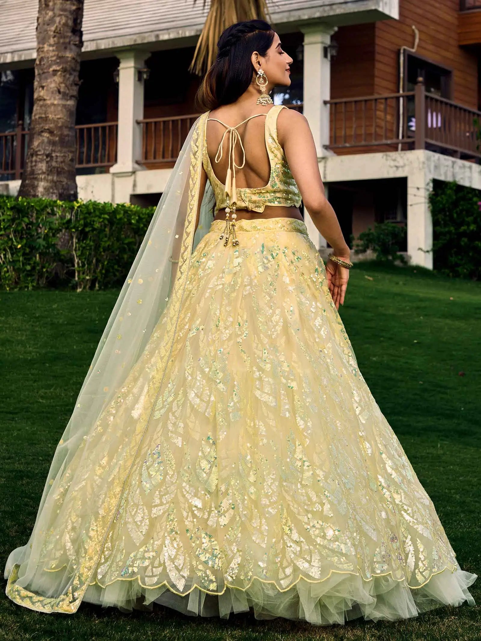 Yellow Soft Net Lehenga With Multiple Sequins And Thread Embroidery Work | Ready To Wear - qivii