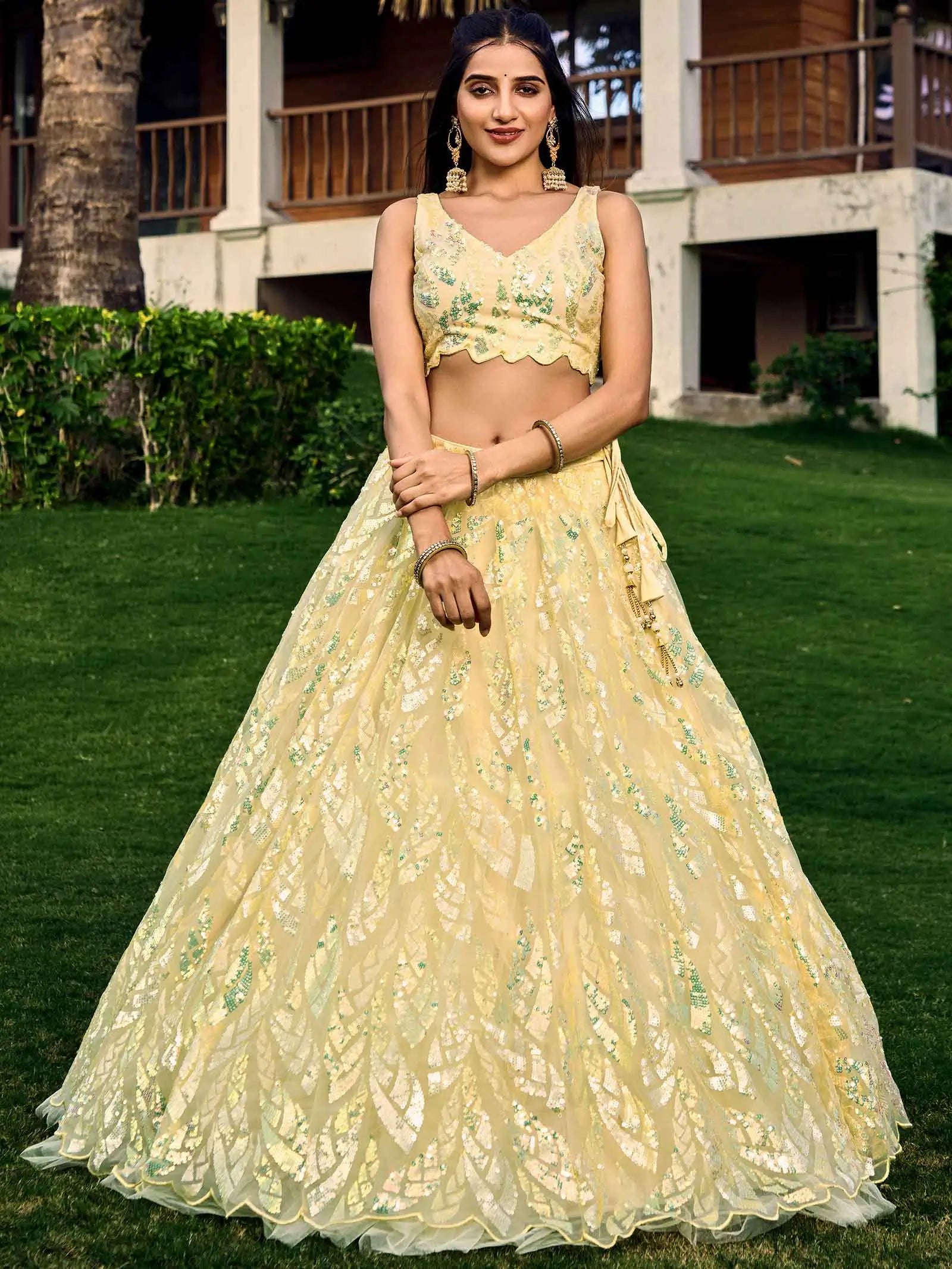 Yellow Soft Net Lehenga With Multiple Sequins And Thread Embroidery Work | Ready To Wear - qivii