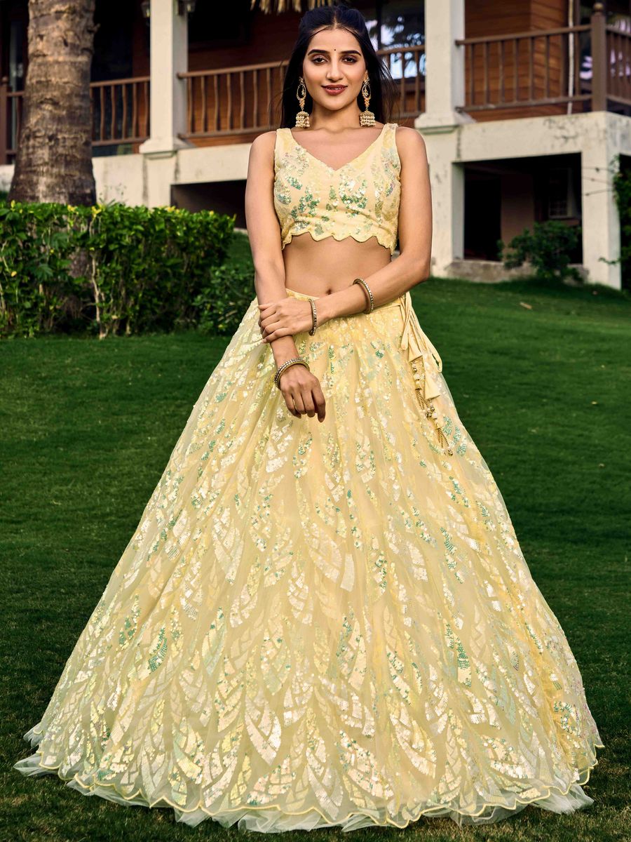 Ethnic Green-Yellow lehenga choli for women ready to wear in USA , buy Free Shipping Indian Faux Georgette with embroidery work lehenga choli