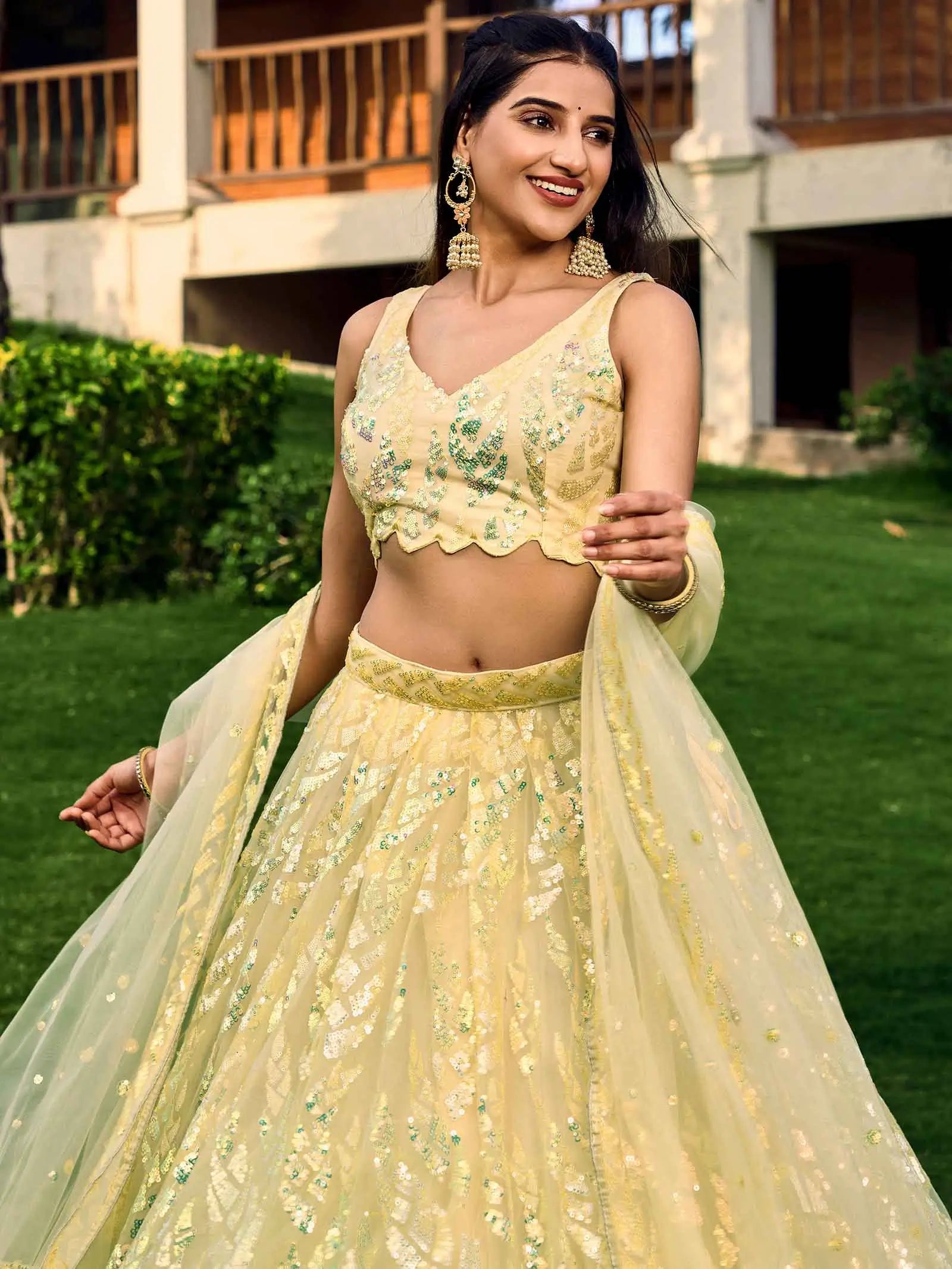 Yellow Soft Net Lehenga With Multiple Sequins And Thread Embroidery Work | Ready To Wear - qivii
