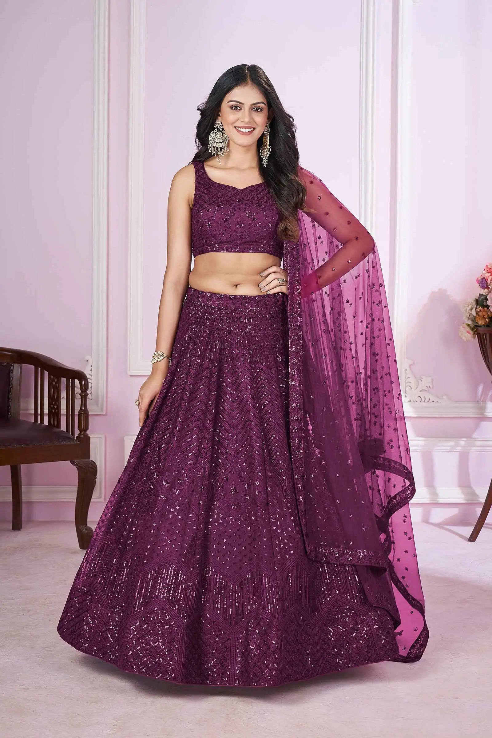Wine Soft Net Lehenga With Sequins And Thread Embroidered Work | Ready To Wear - qivii