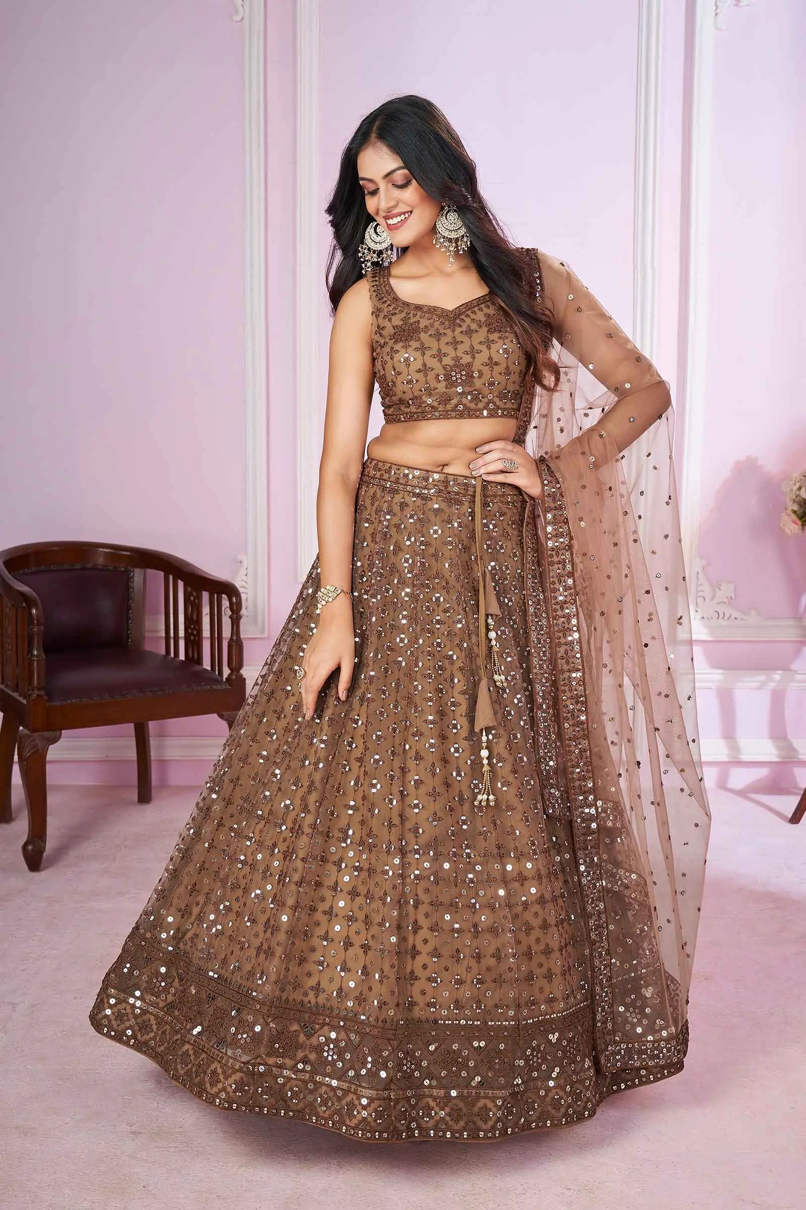 Brown Soft Net Lehenga With Sequins And Thread Embroidered Work | Ready To Wear - qivii