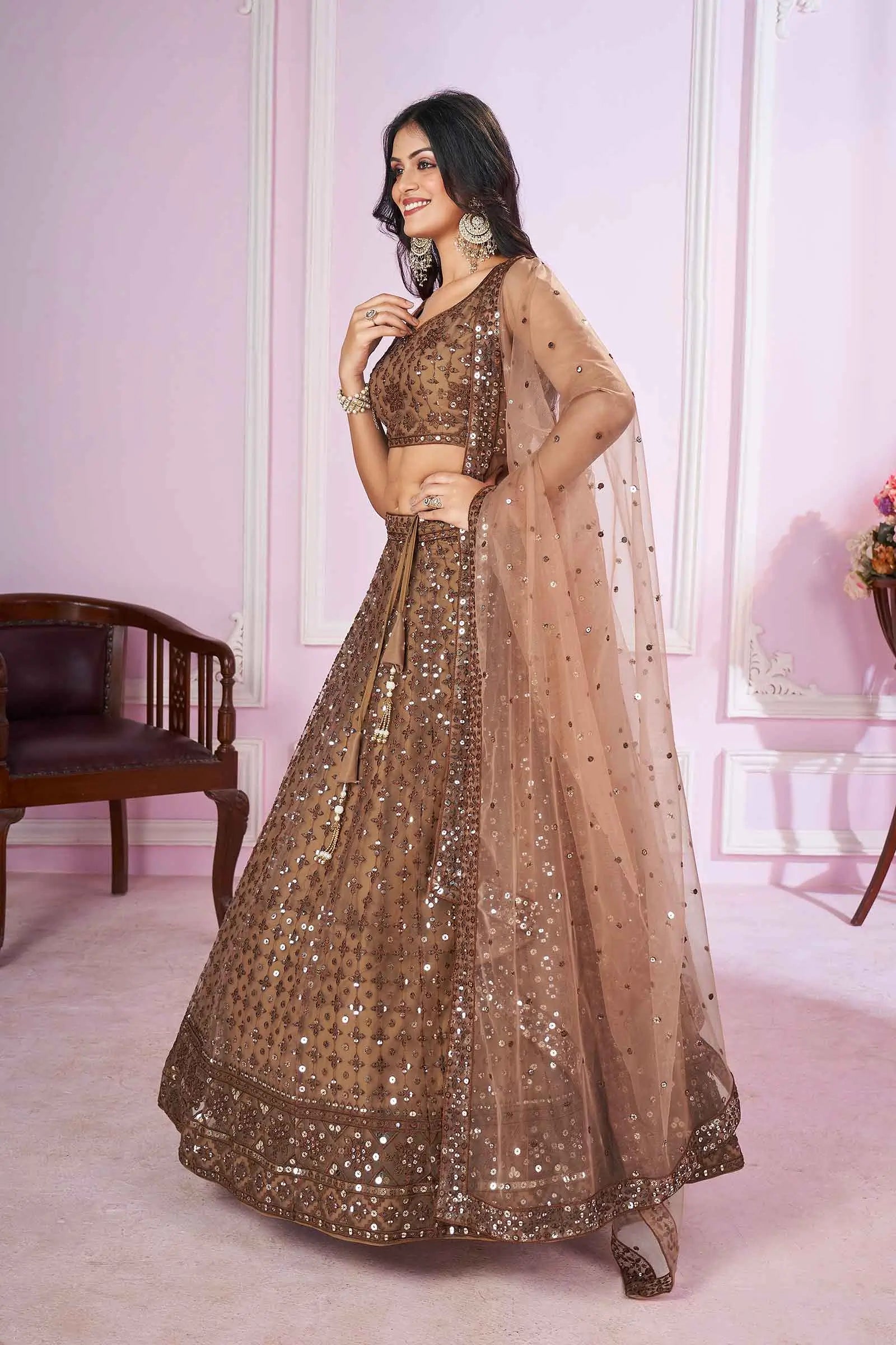 Brown Soft Net Lehenga With Sequins And Thread Embroidered Work | Ready To Wear - qivii