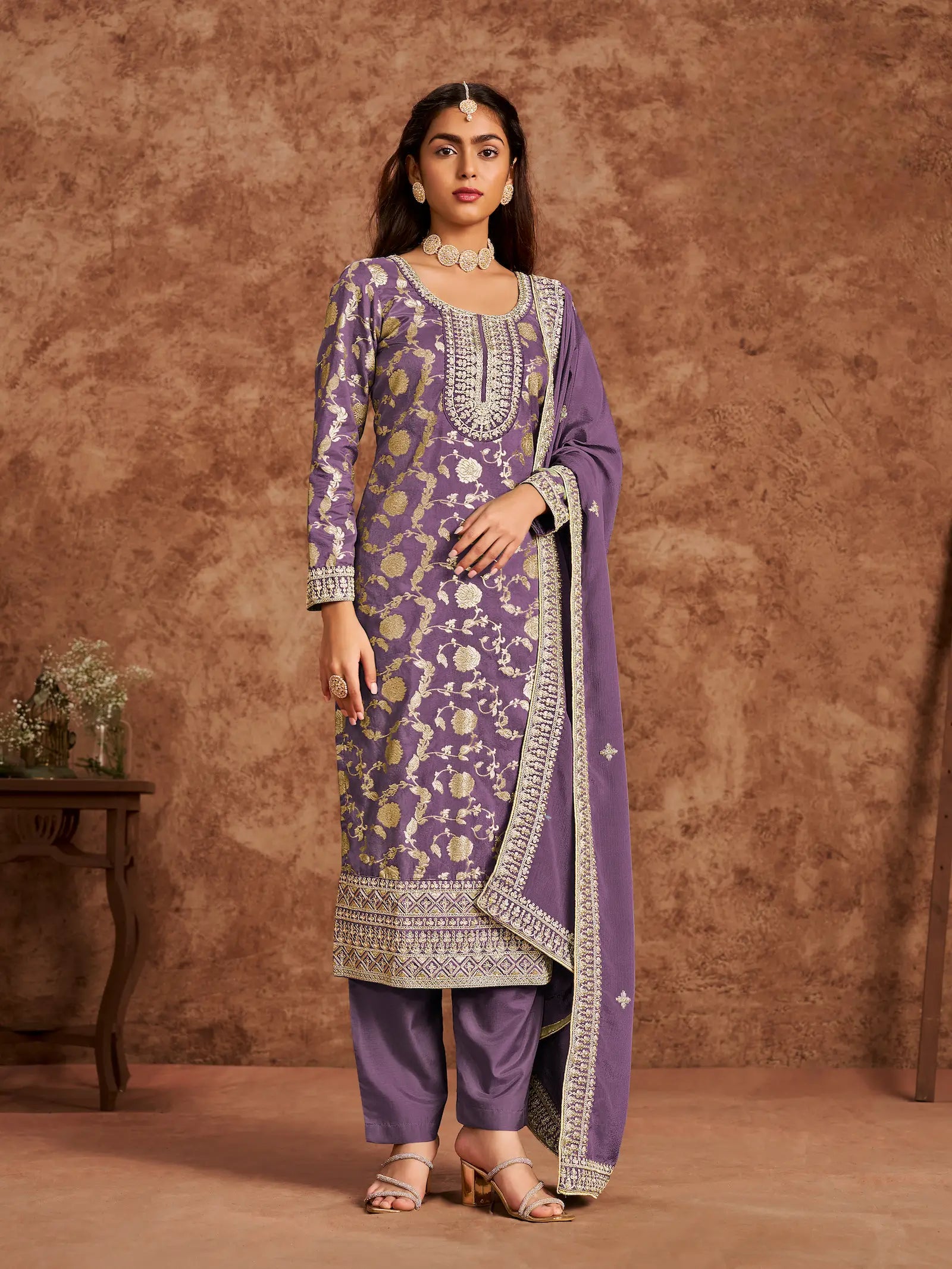 Purple Dola Silk Palazzo Salwar Suit With Thread & Sequins Embroidery Work - qivii