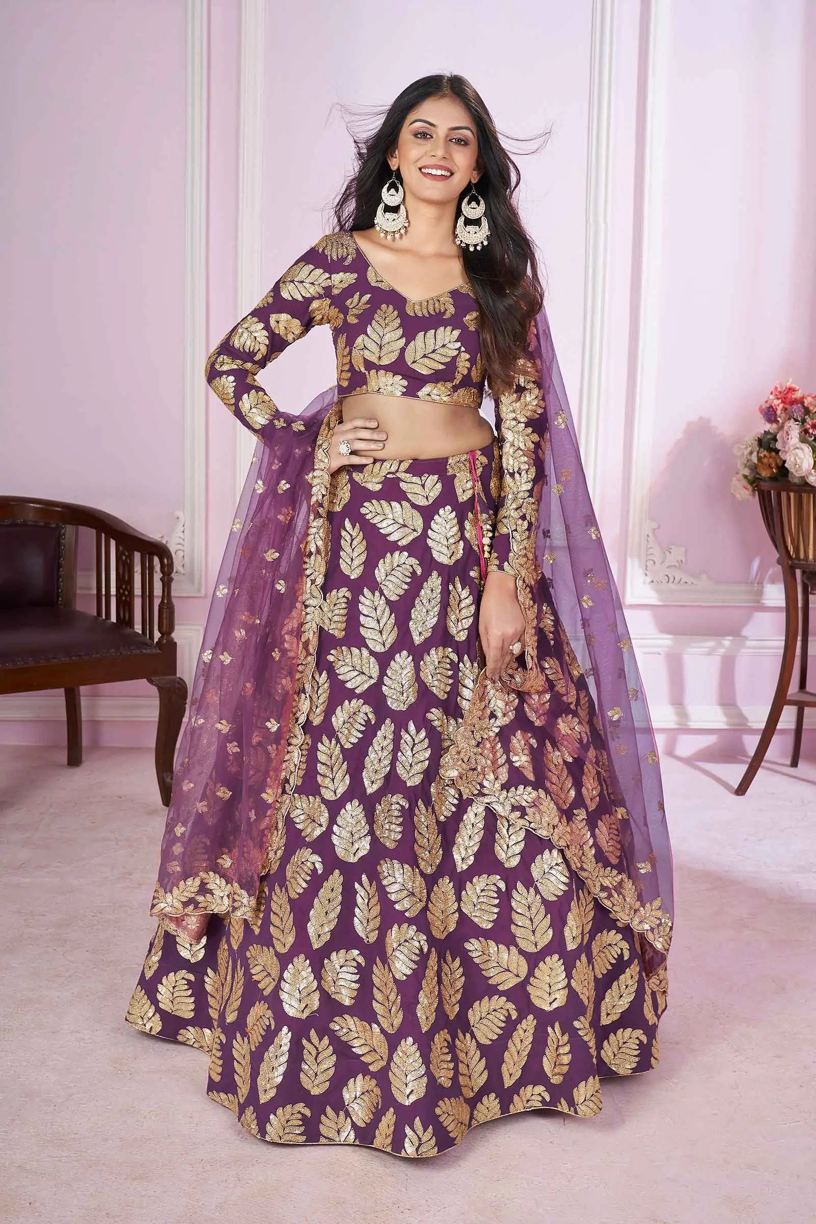Wine Sequins And Zari Embroidered Work Georgette Lehenga | Ready To Wear - qivii