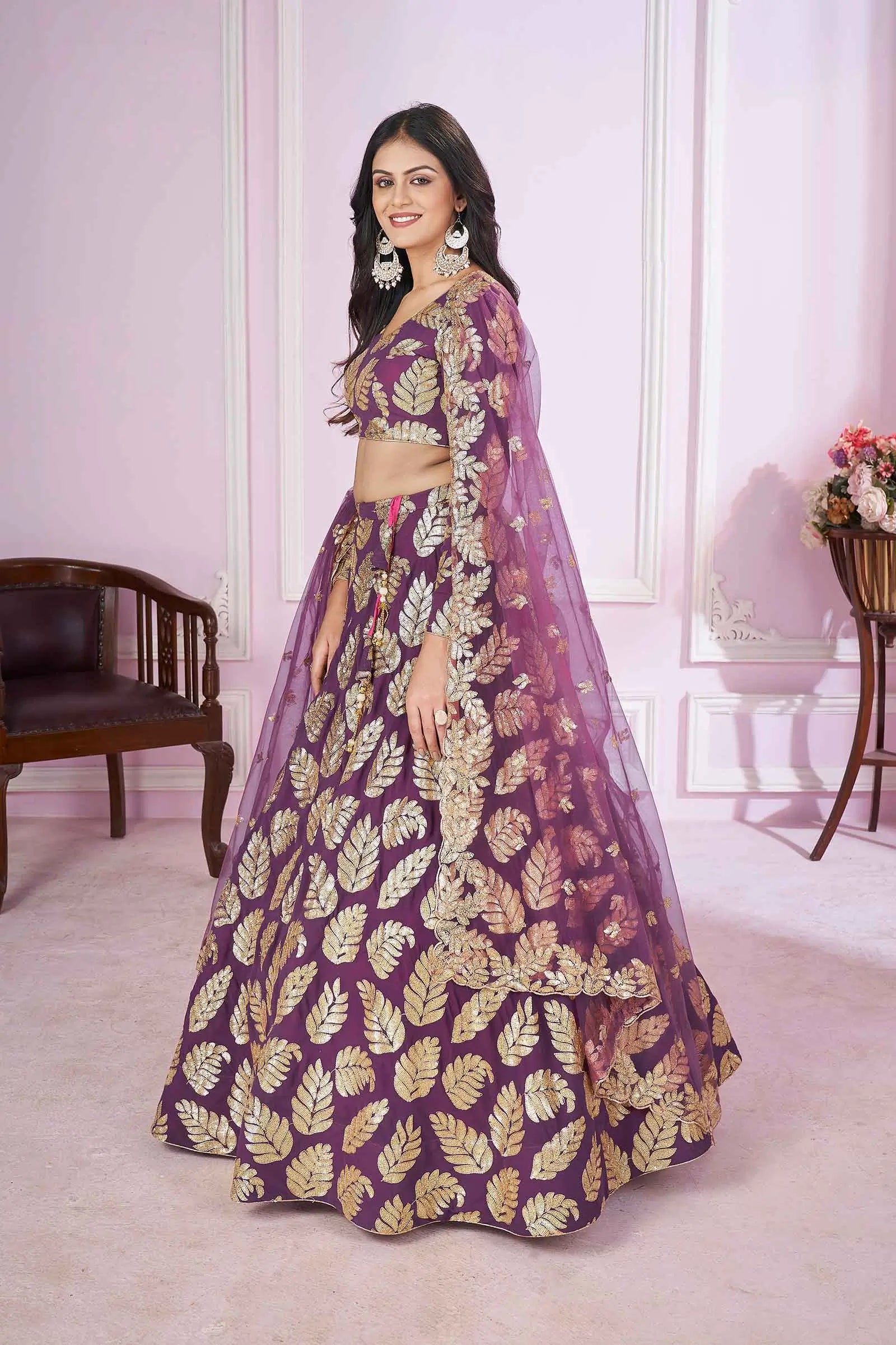 Wine Sequins And Zari Embroidered Work Georgette Lehenga | Ready To Wear - qivii