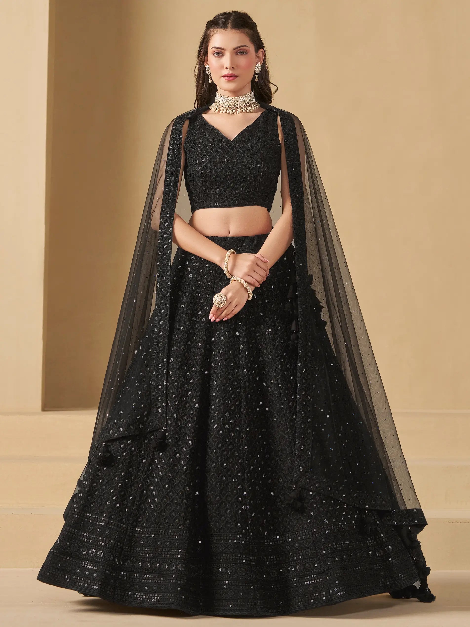 Black Party Wear Lehenga With Sequins Embroidery Work And Dupatta - qivii