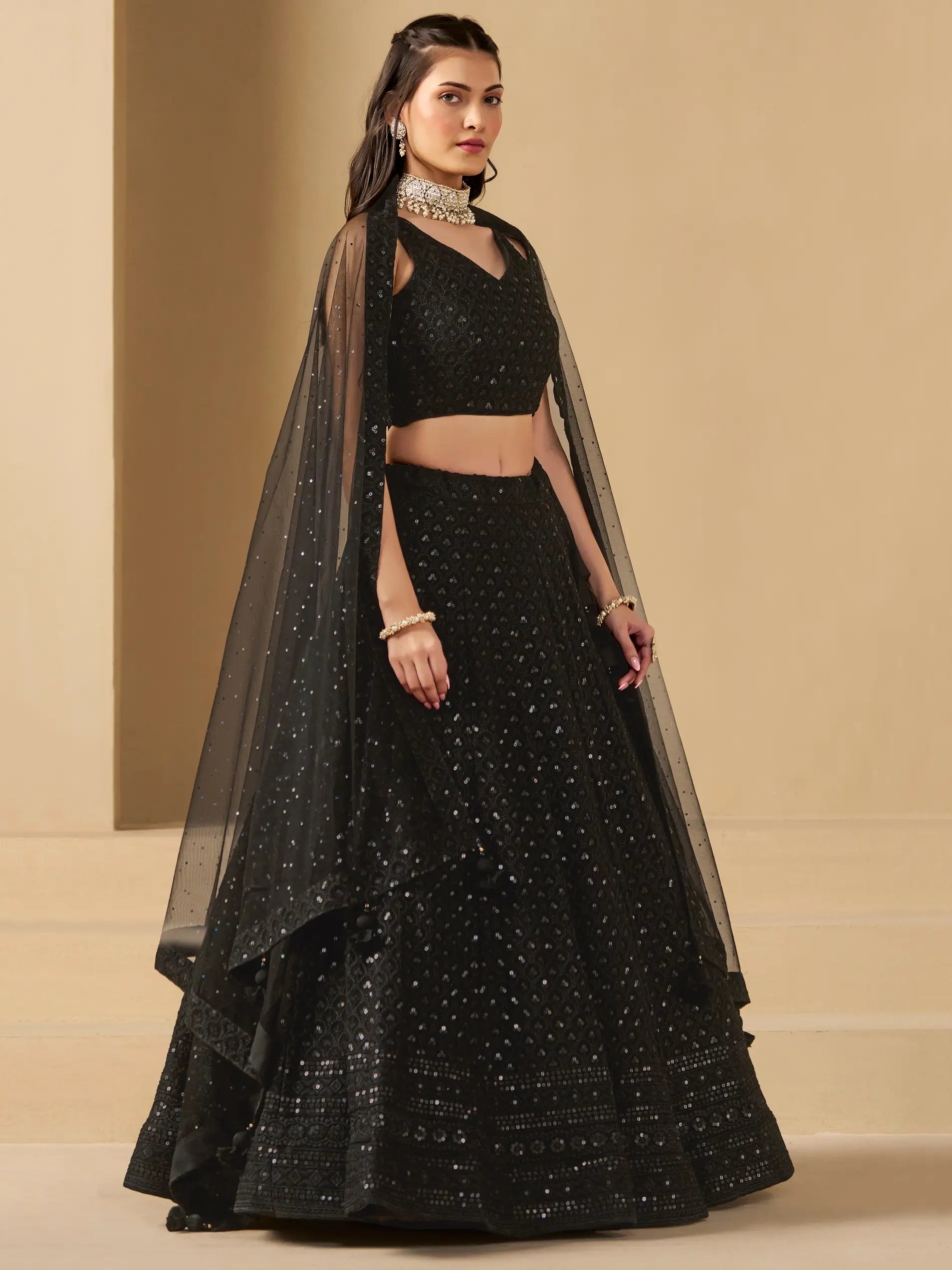 Black Party Wear Lehenga With Sequins Embroidery Work And Dupatta - qivii