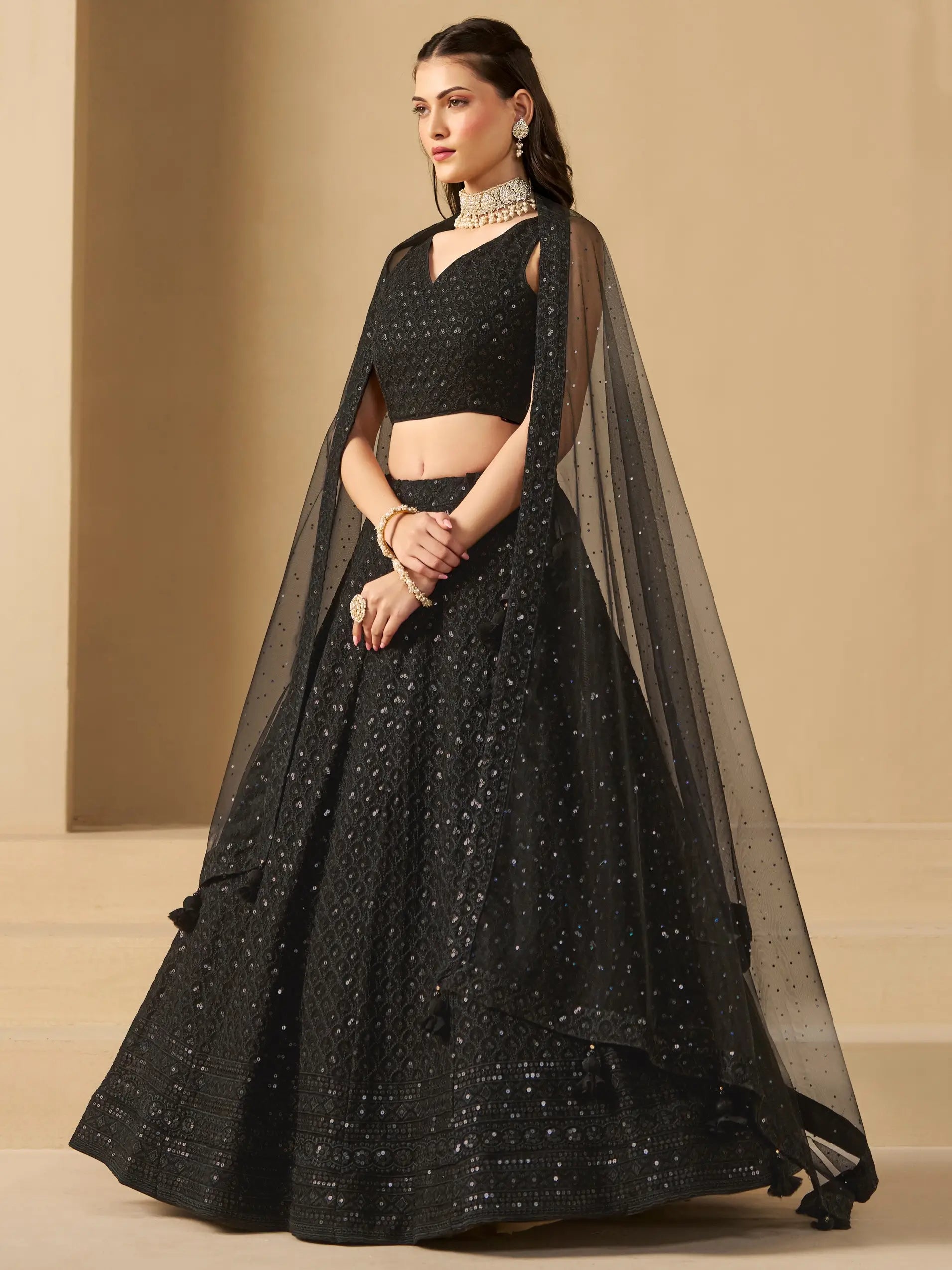 Black Party Wear Lehenga With Sequins Embroidery Work And Dupatta - qivii