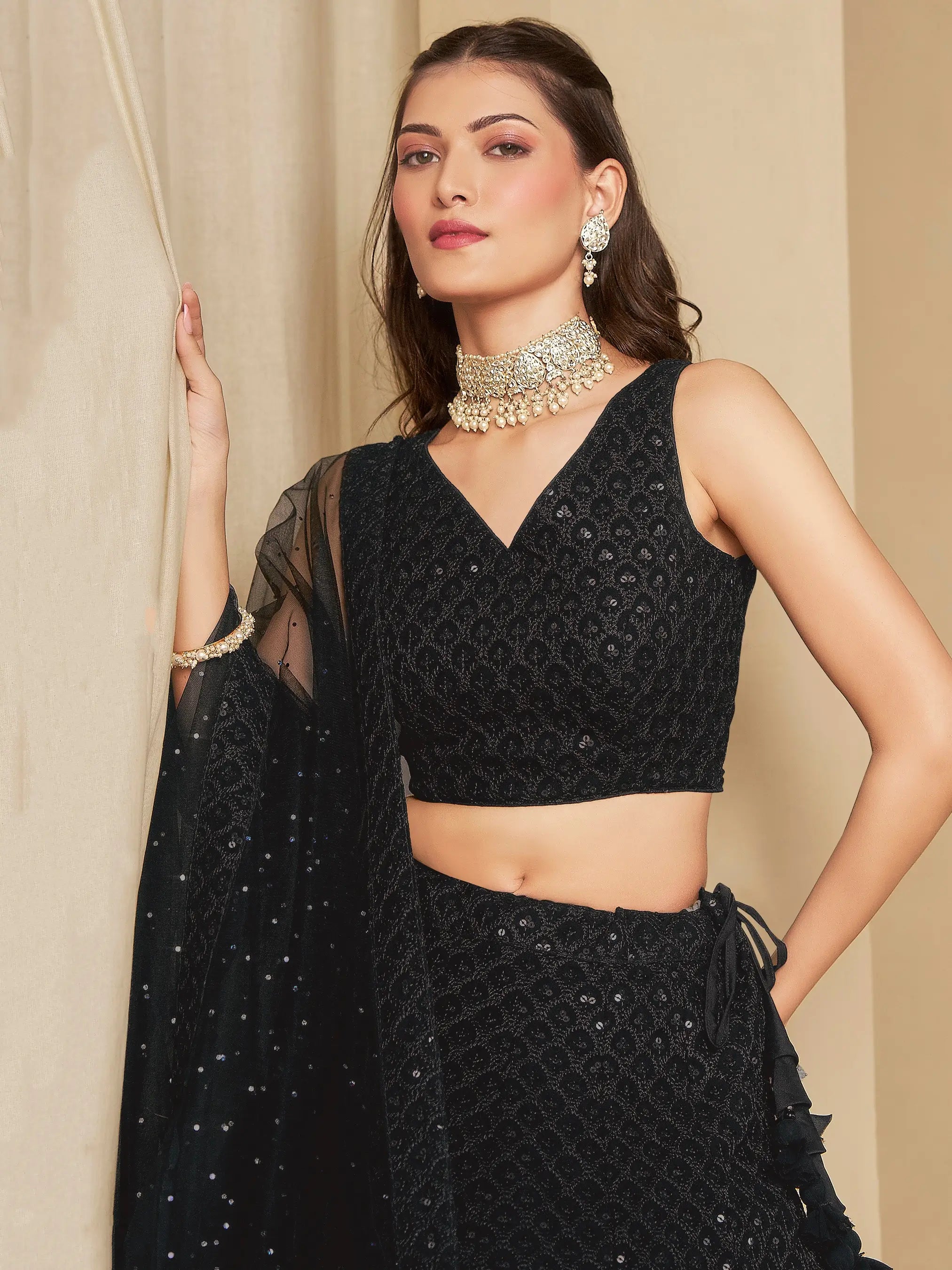 Black Party Wear Lehenga With Sequins Embroidery Work And Dupatta - qivii