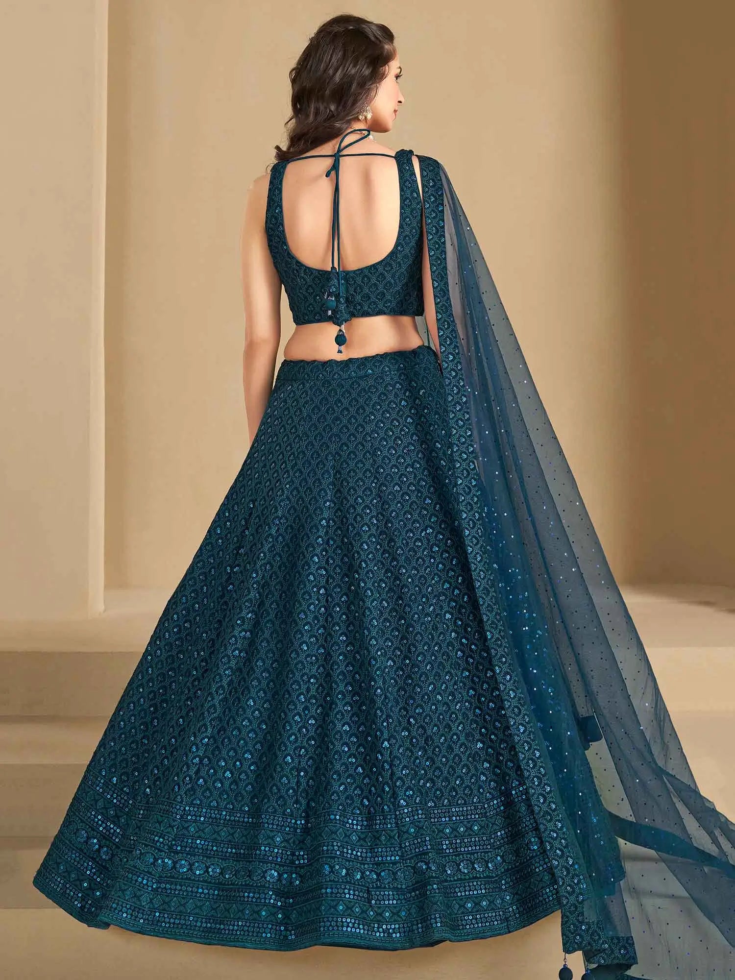 Teal Blue Georgette Lehenga With Sequins Embroidery Work And Dupatta - qivii