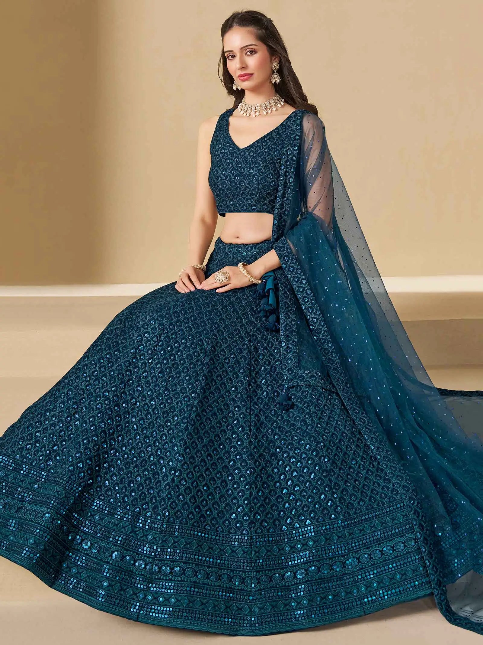 Teal Blue Georgette Lehenga With Sequins Embroidery Work And Dupatta