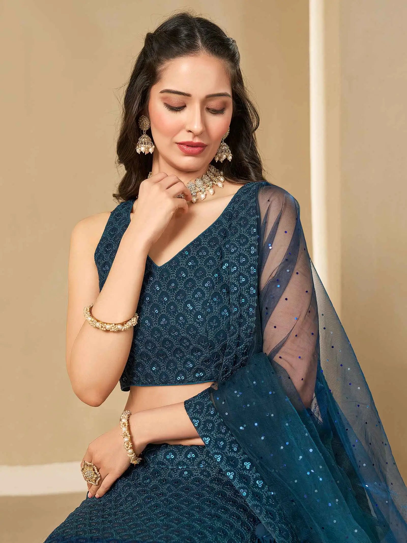 Teal Blue Georgette Lehenga With Sequins Embroidery Work And Dupatta - qivii