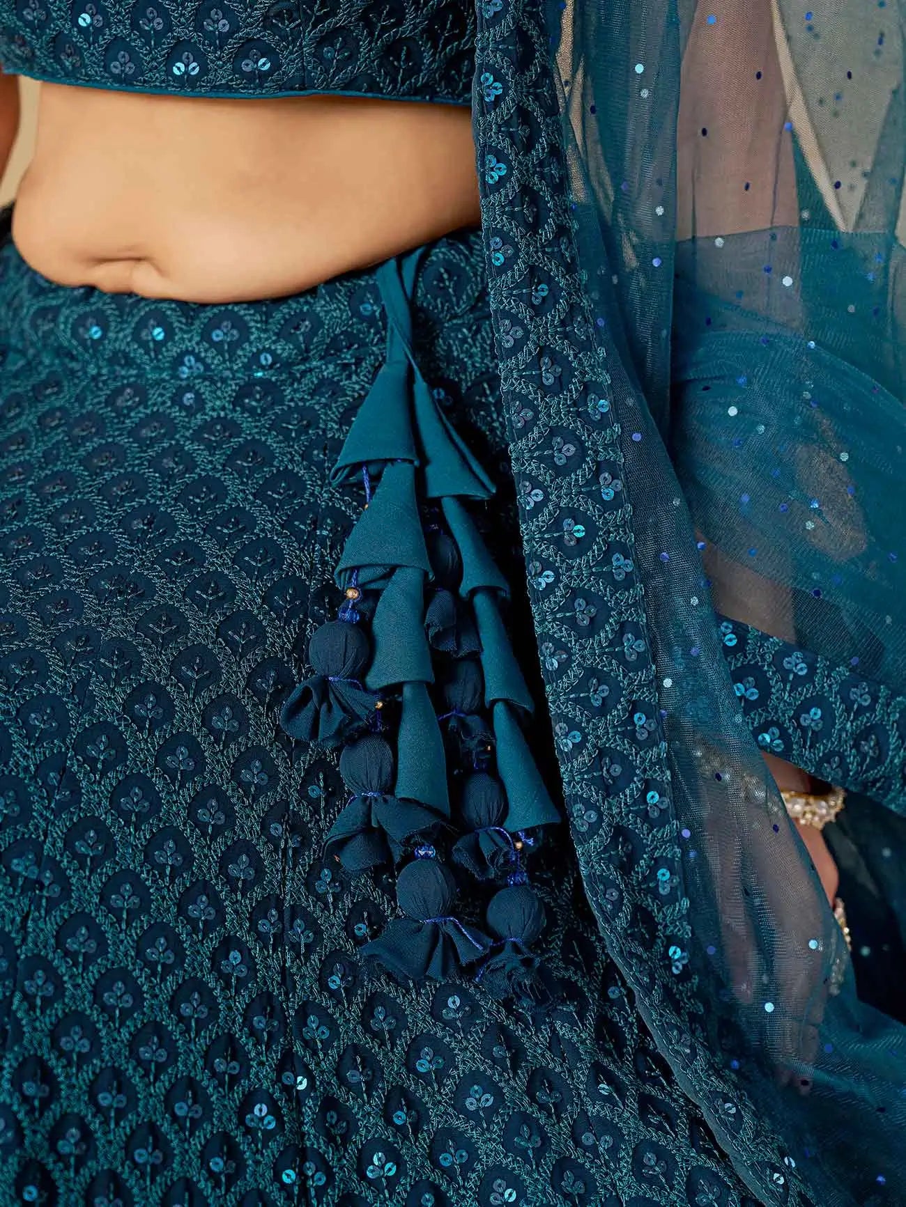 Teal Blue Georgette Lehenga With Sequins Embroidery Work And Dupatta - qivii