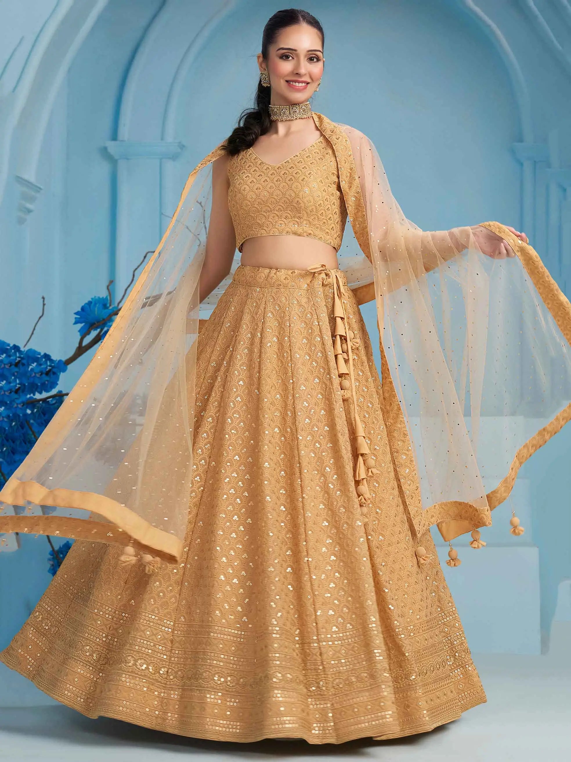 Beige Party Wear Lehenga With Sequins Embroidery Work And Dupatta - qivii