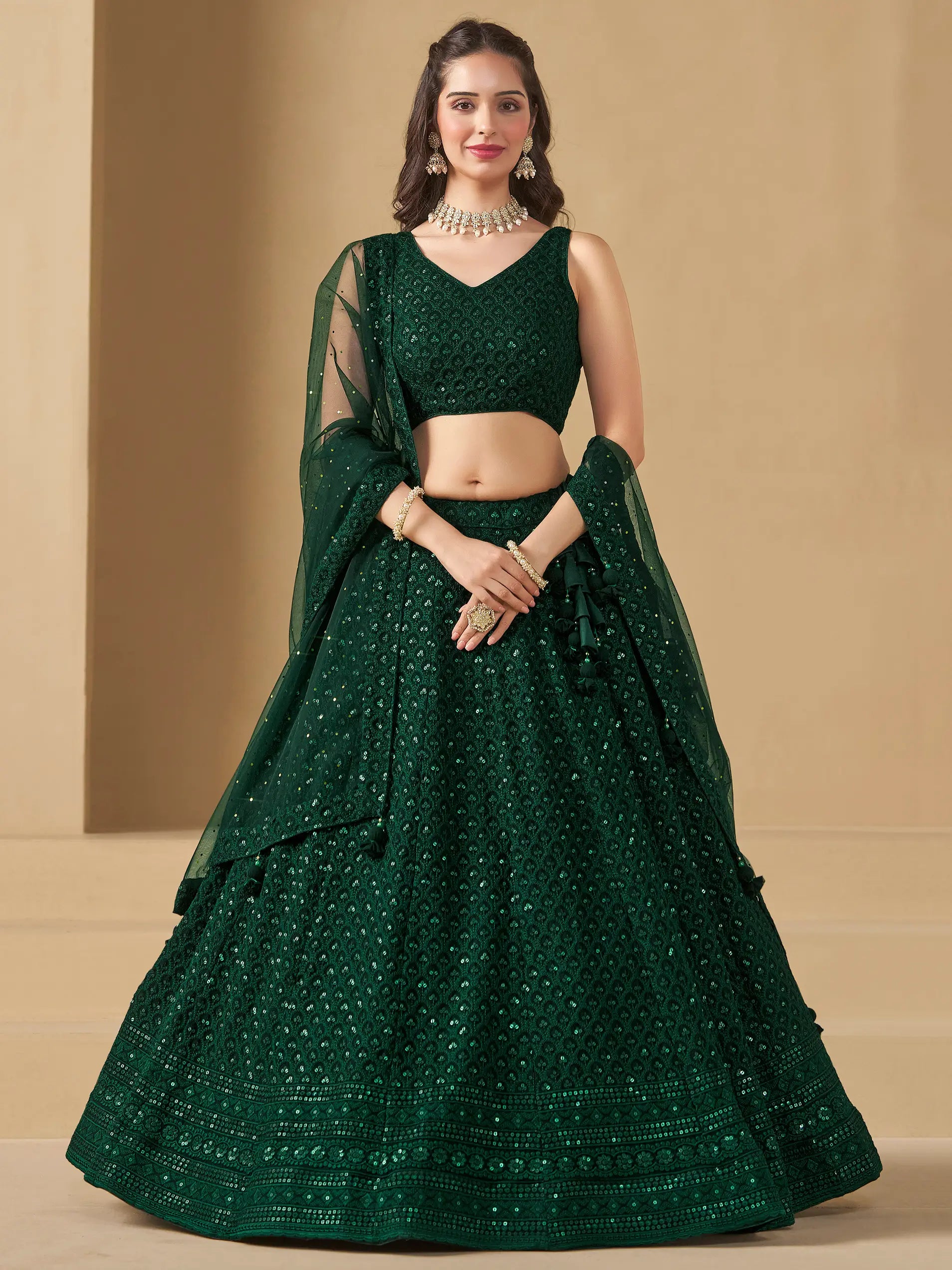 Dark Green Sequins Embroidery Work Party Wear Lehenga With Dupatta - qivii