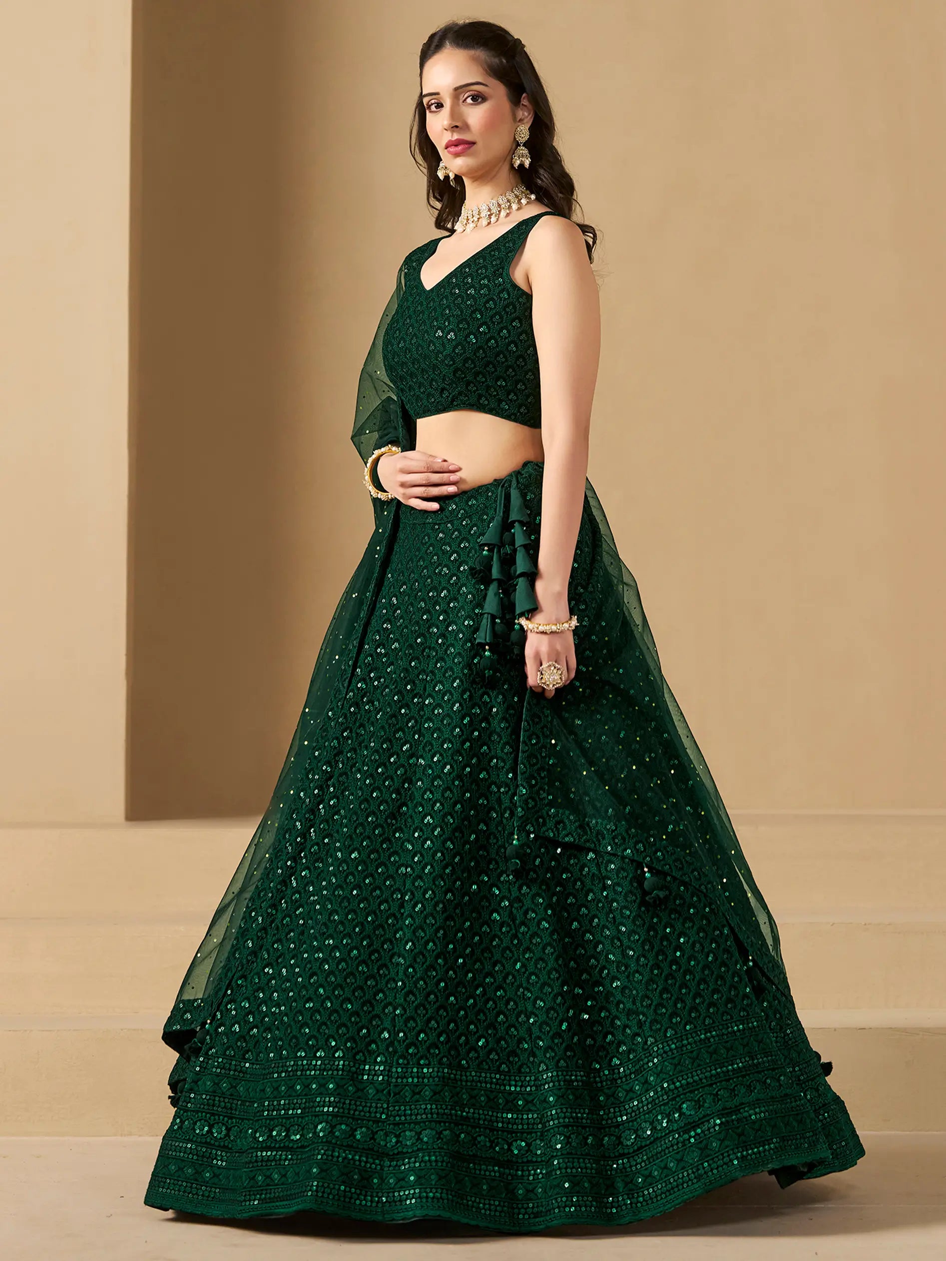 Dark Green Sequins Embroidery Work Party Wear Lehenga With Dupatta - qivii