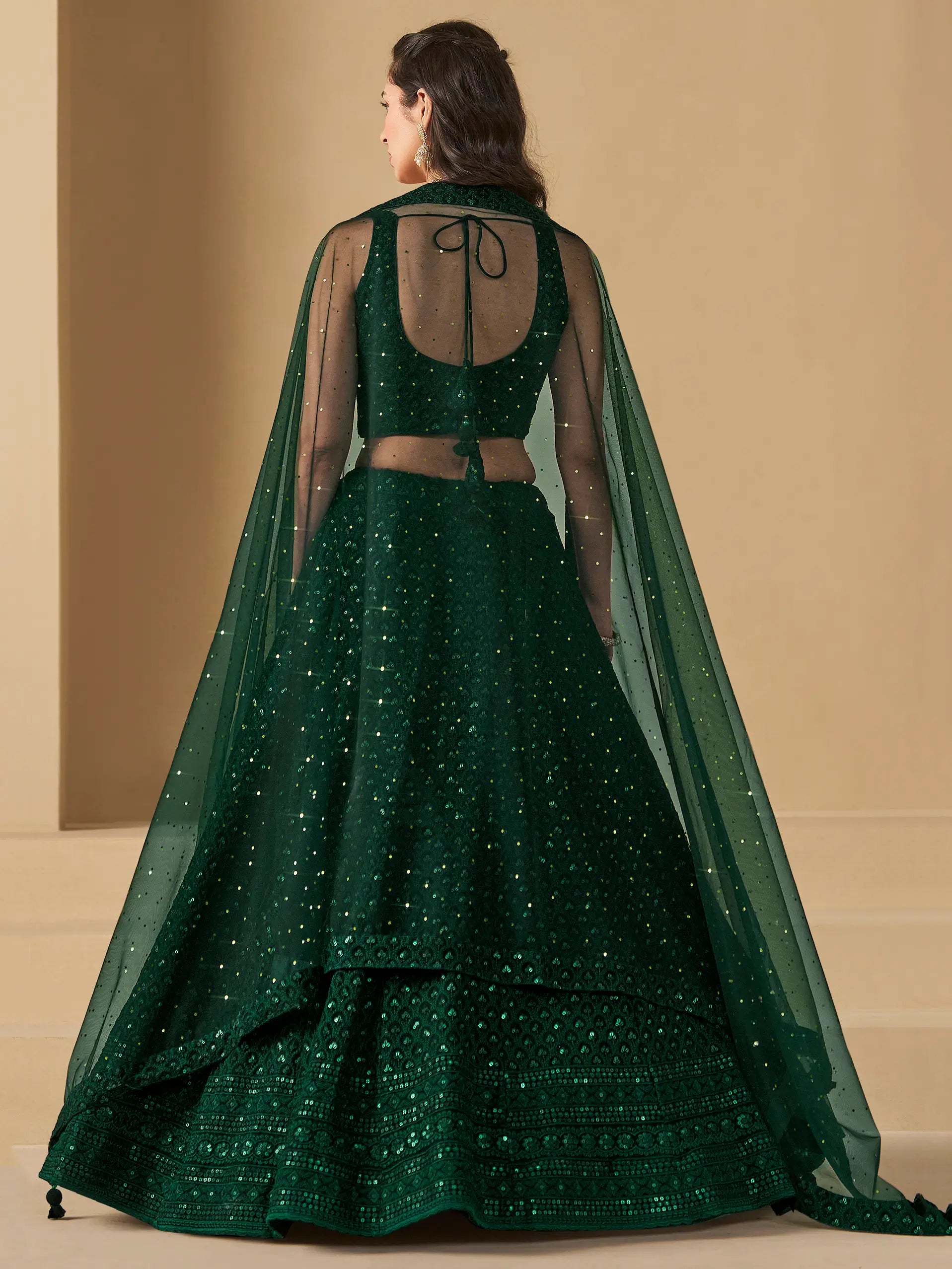 Dark Green Sequins Embroidery Work Party Wear Lehenga With Dupatta - qivii