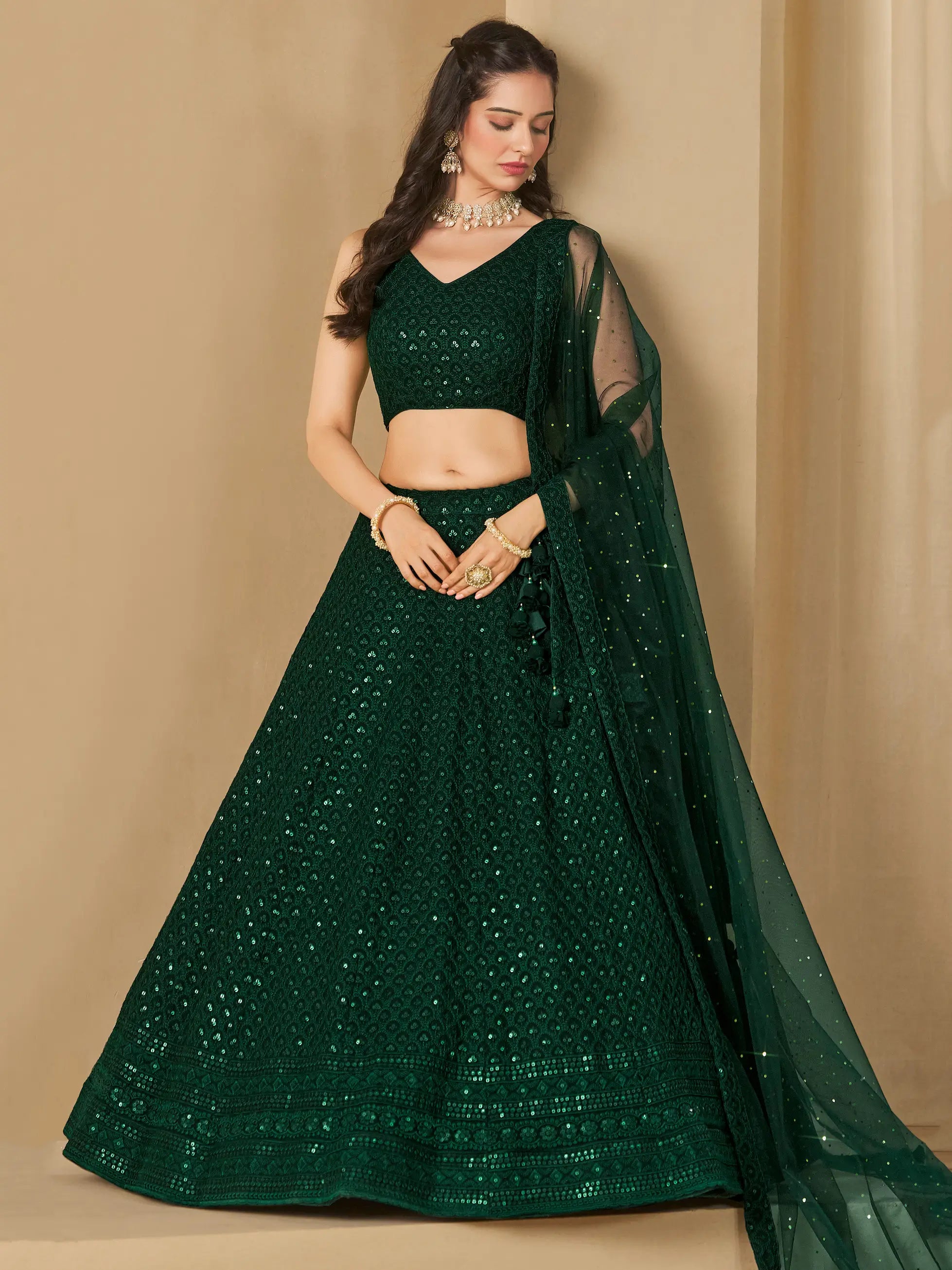 Dark Green Sequins Embroidery Work Party Wear Lehenga With Dupatta - qivii