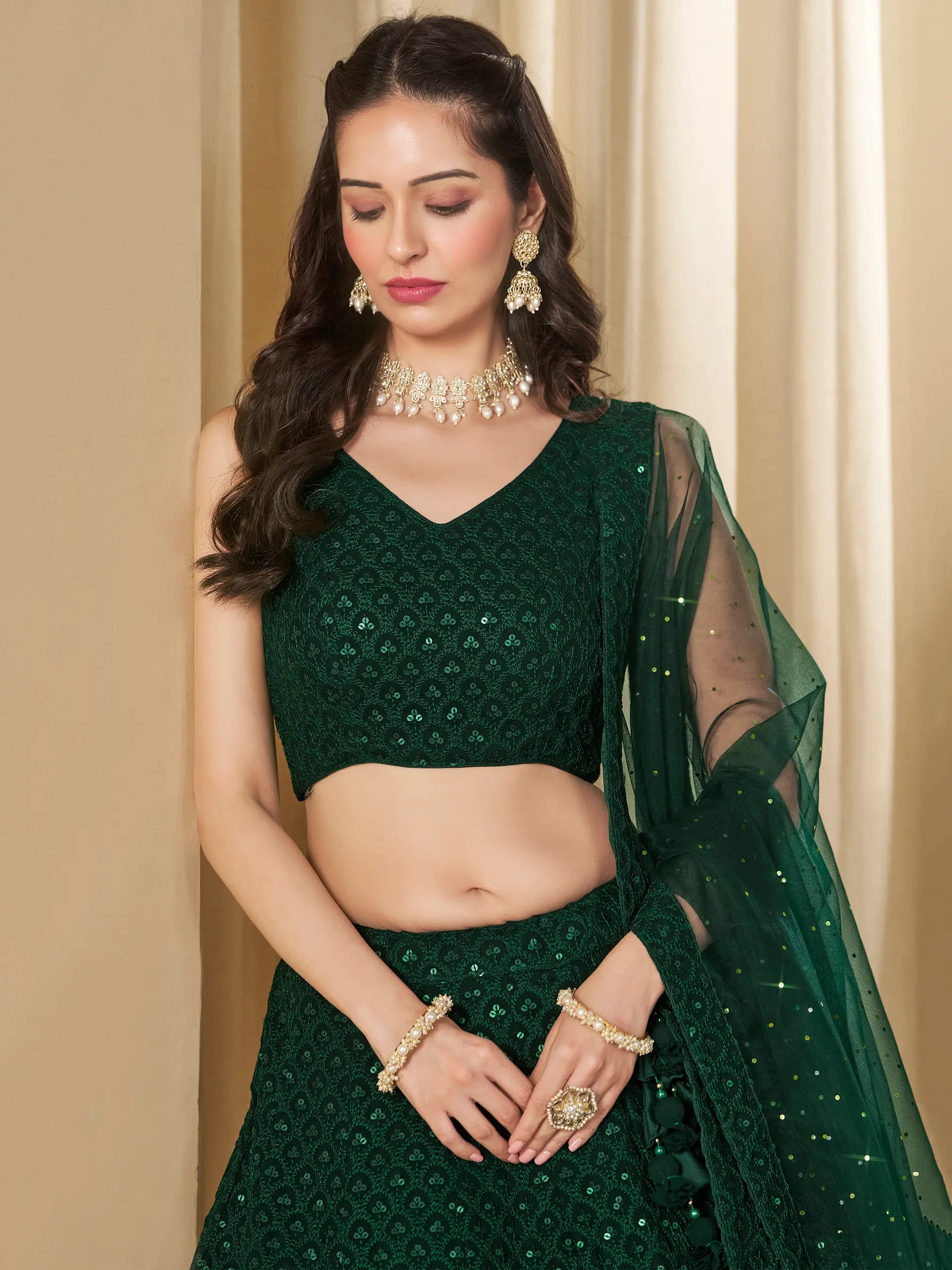 Dark Green Sequins Embroidery Work Party Wear Lehenga With Dupatta - qivii