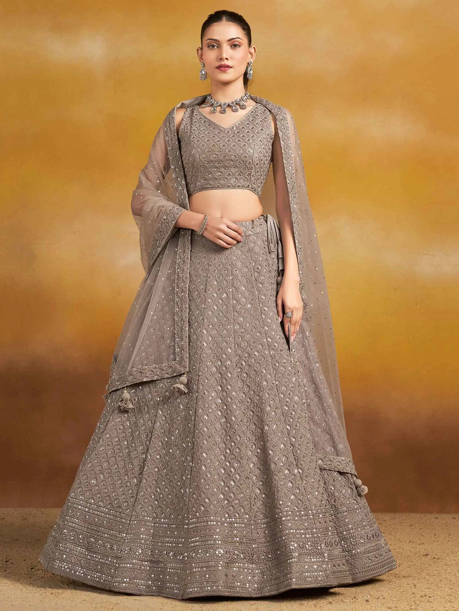 Designer Grey Party Wear Lehenga With Sequins Embroidery Work And Dupatta - qivii