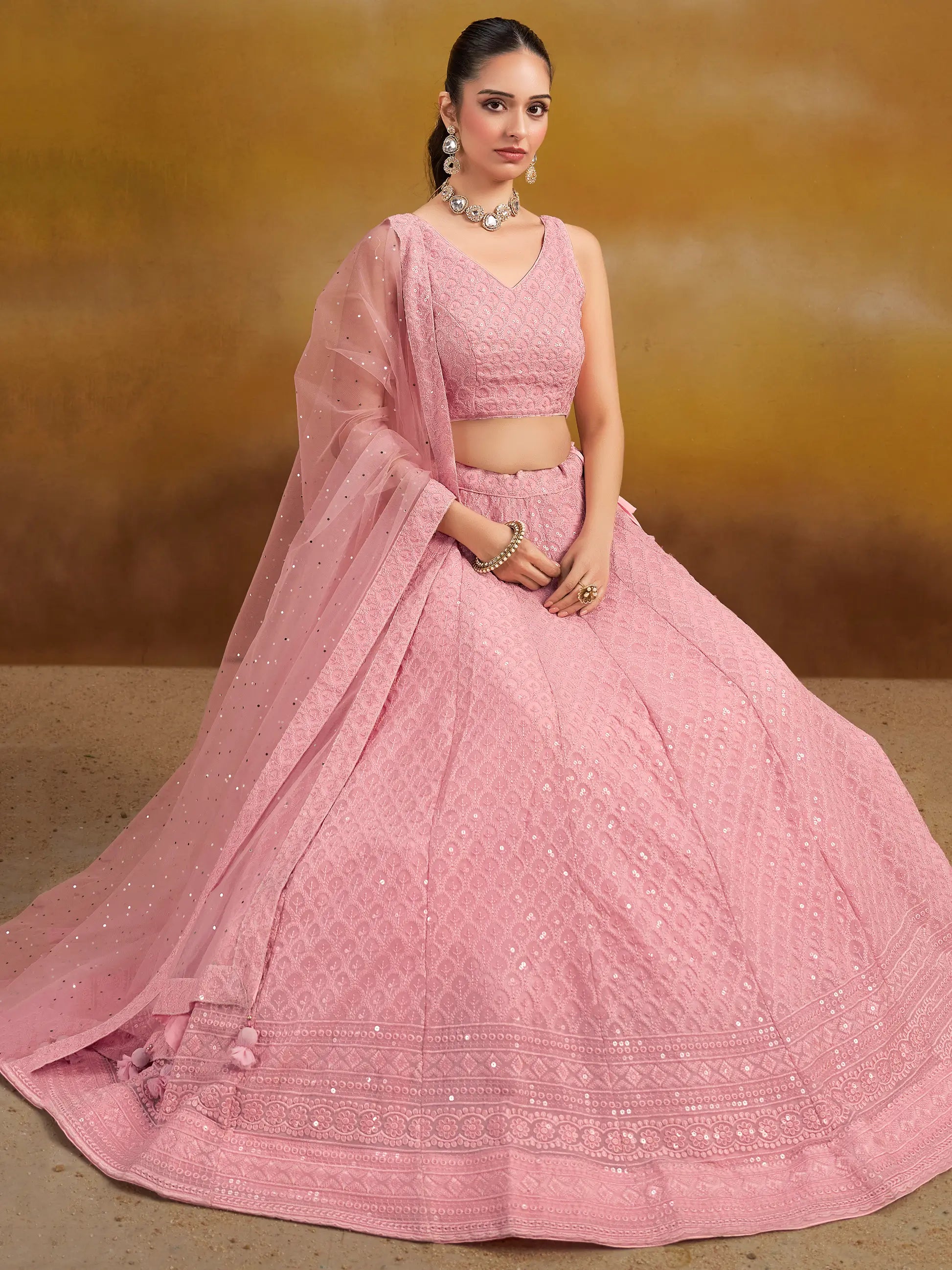 Light Pink Georgette Lehenga With Sequins Embroidery Work And Dupatta - qivii