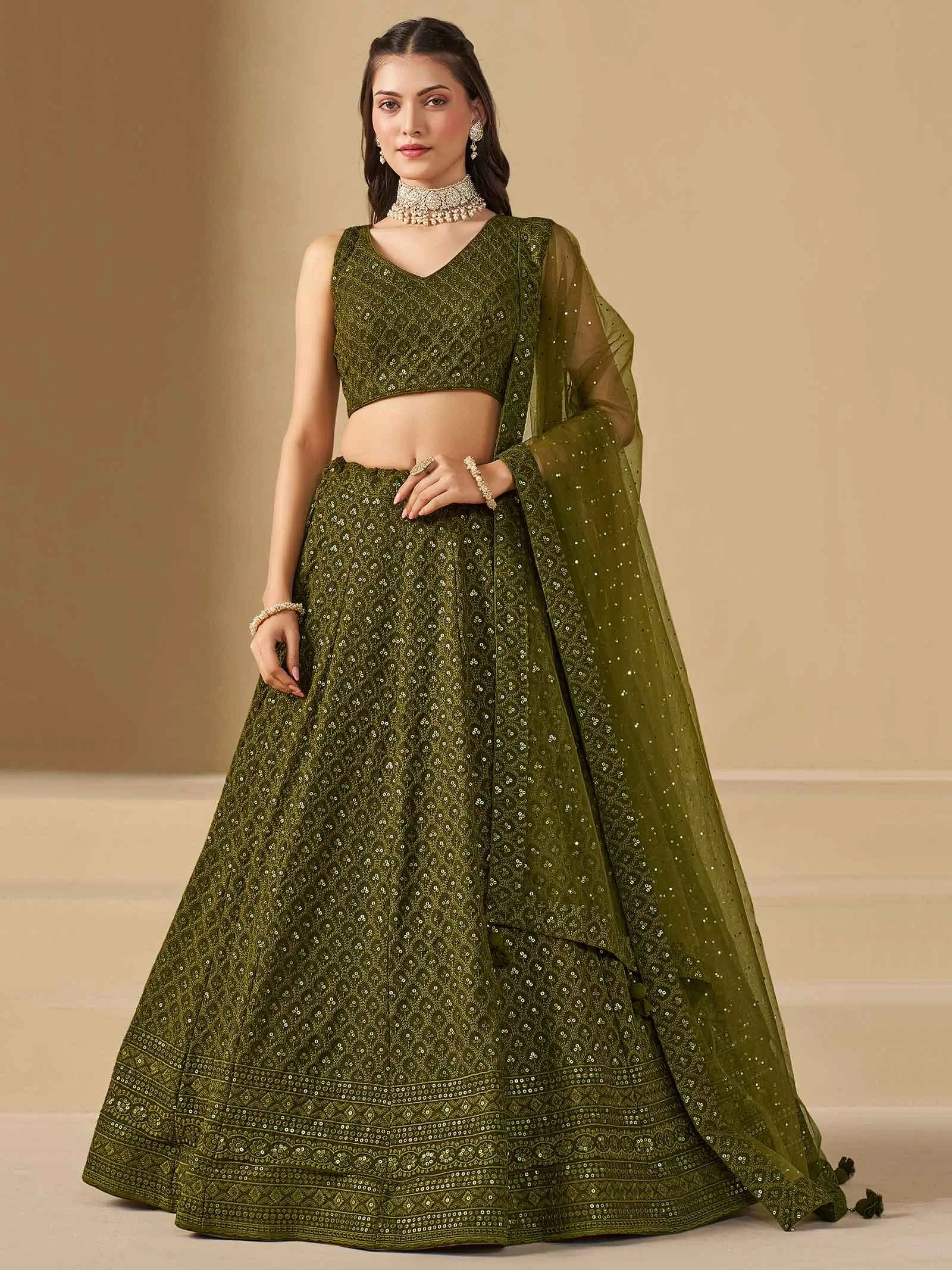 Mehendi Green Designer Lehenga With Sequins Embroidery Work And Dupatta - qivii