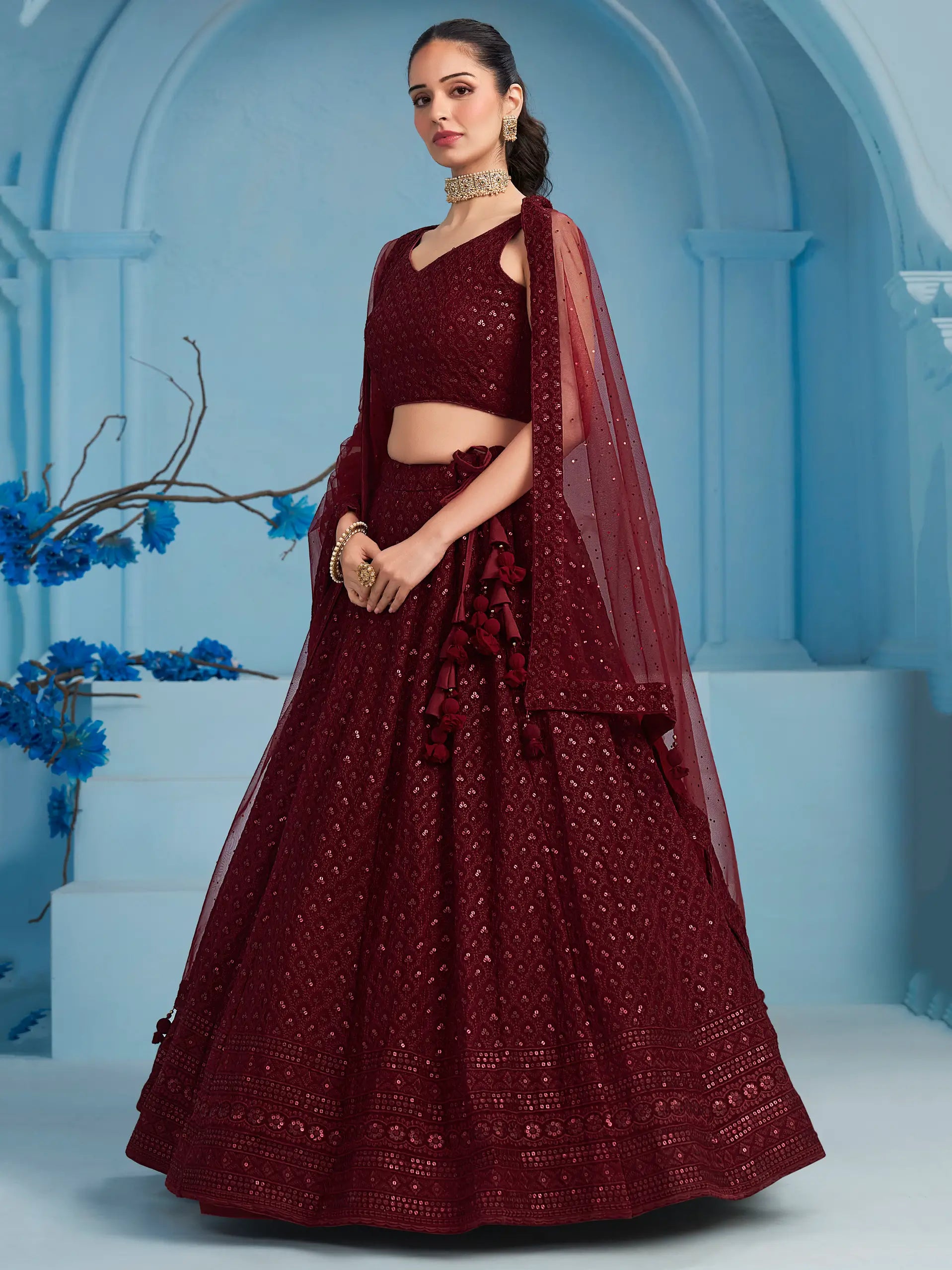 Maroon Designer Lehenga With Sequins Embroidery Work And Dupatta - qivii